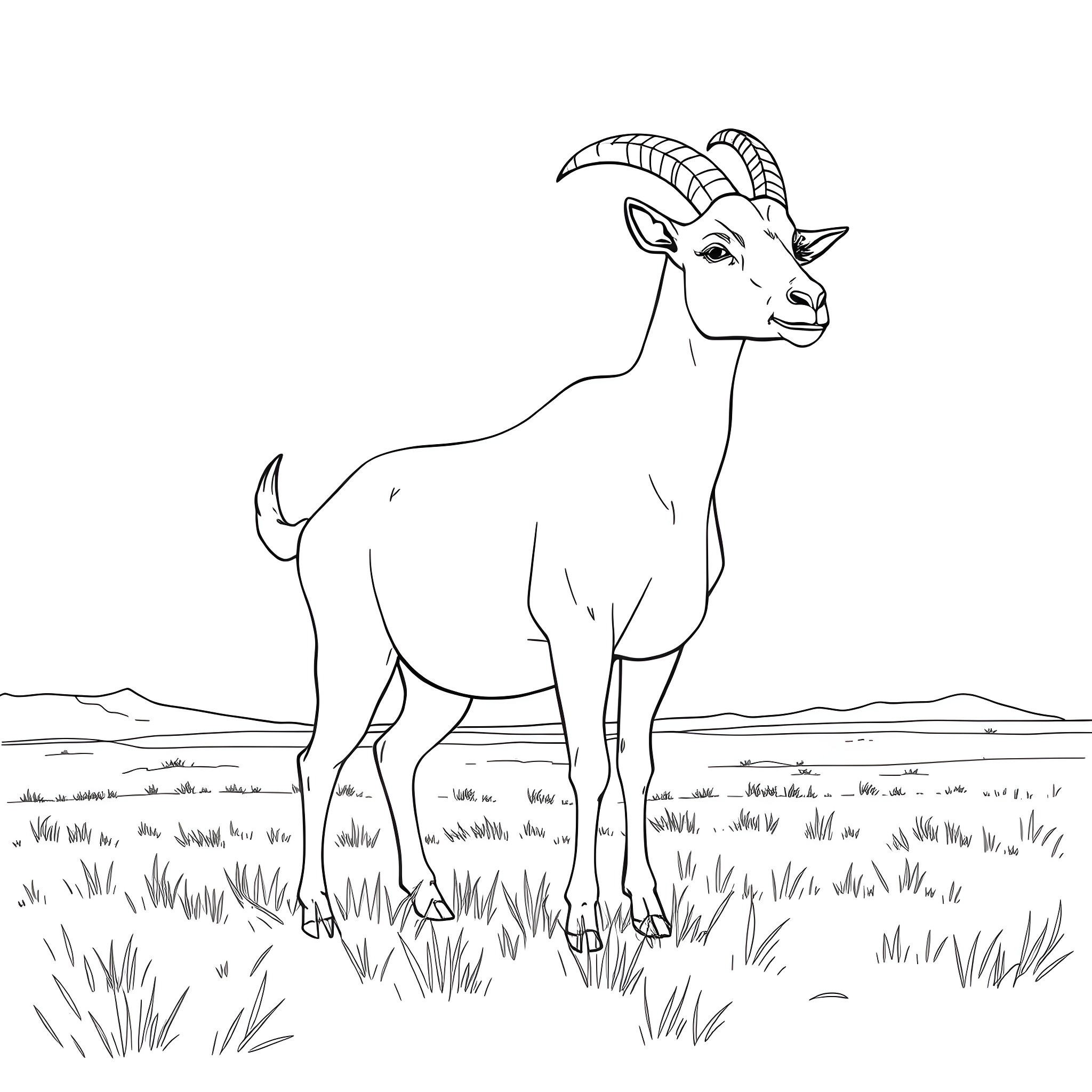 Goat standing in meadow with tall grass Coloring Page (free black-and-white line drawing printable PDF for all, from beginners to advanced learners, including children, teens, adults, and seniors)
