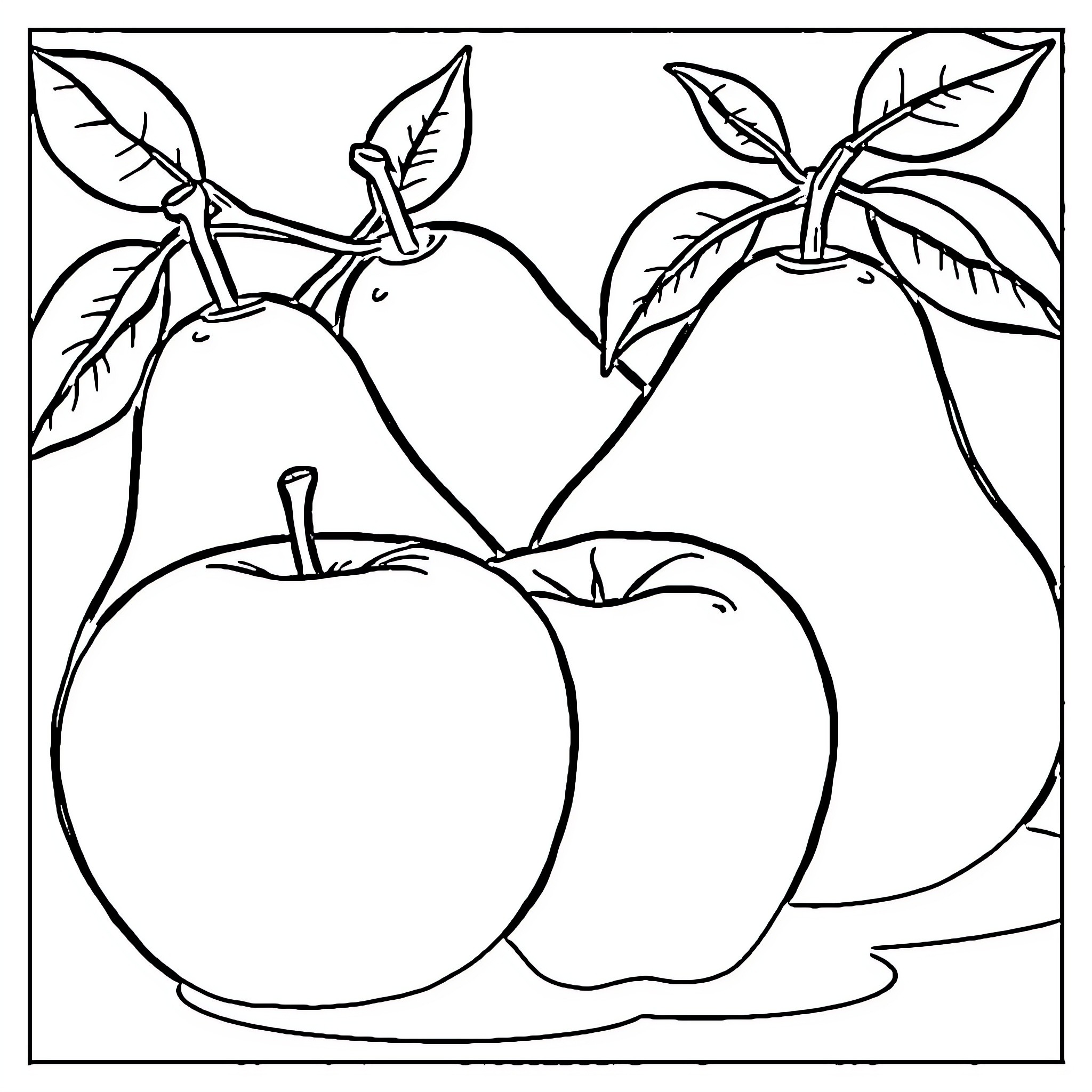 Apple Shapes and Leaves in Monochrome Coloring Page (free black-and-white line drawing printable PDF for all, from beginners to advanced learners, including children, teens, adults, and seniors)