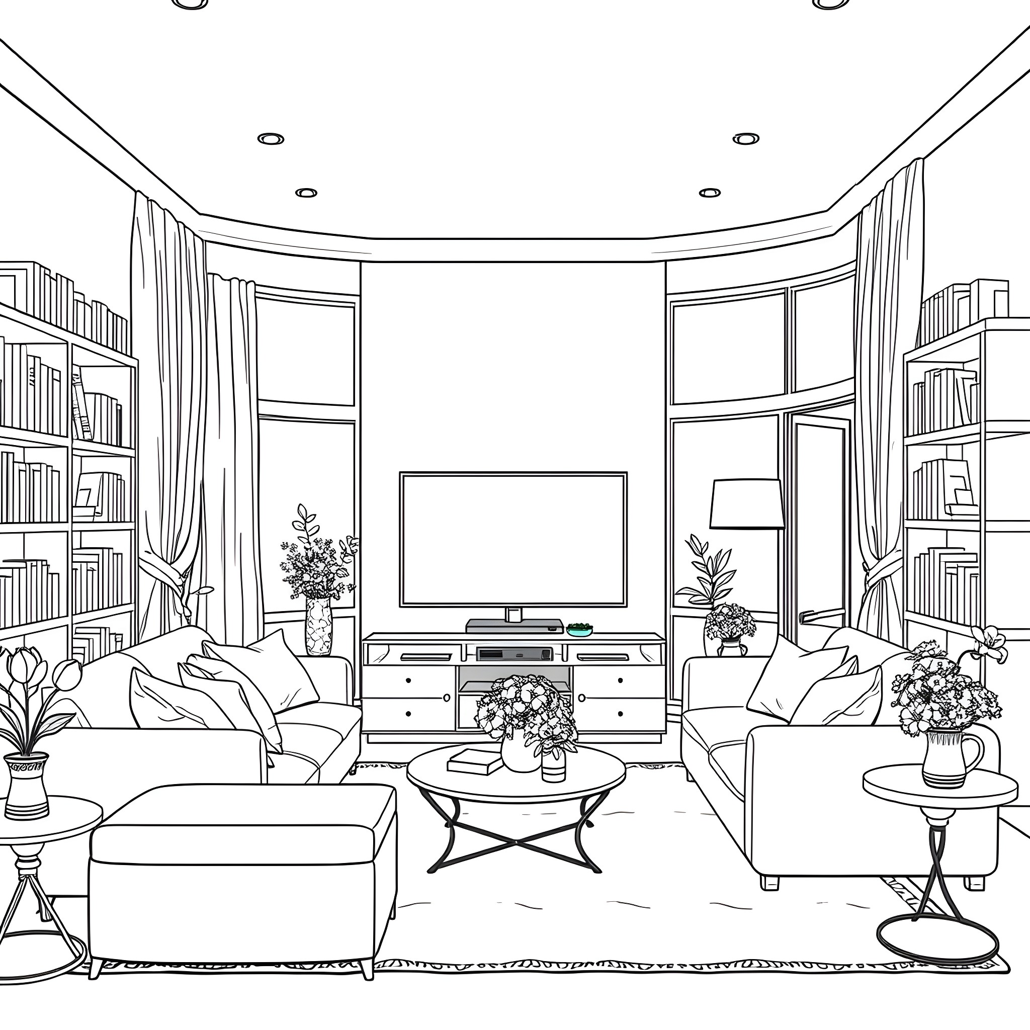 Livingroom with cozy furniture and home decor Coloring Page (free black-and-white line drawing printable PDF for all, from beginners to advanced learners, including children, teens, adults, and seniors)