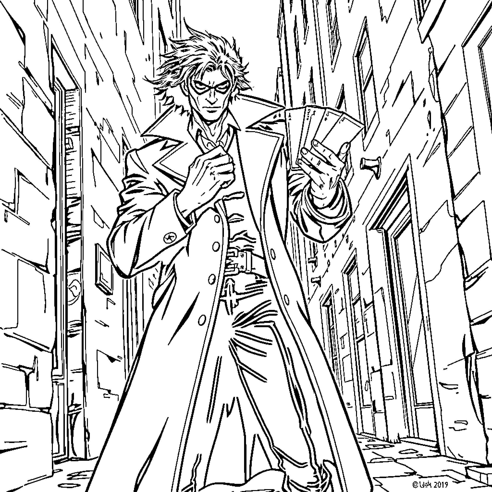 Gambit's Dramatic Unveiling in the City Streets Coloring Page (free black-and-white line drawing printable PDF for all, from beginners to advanced learners, including children, teens, adults, and seniors)