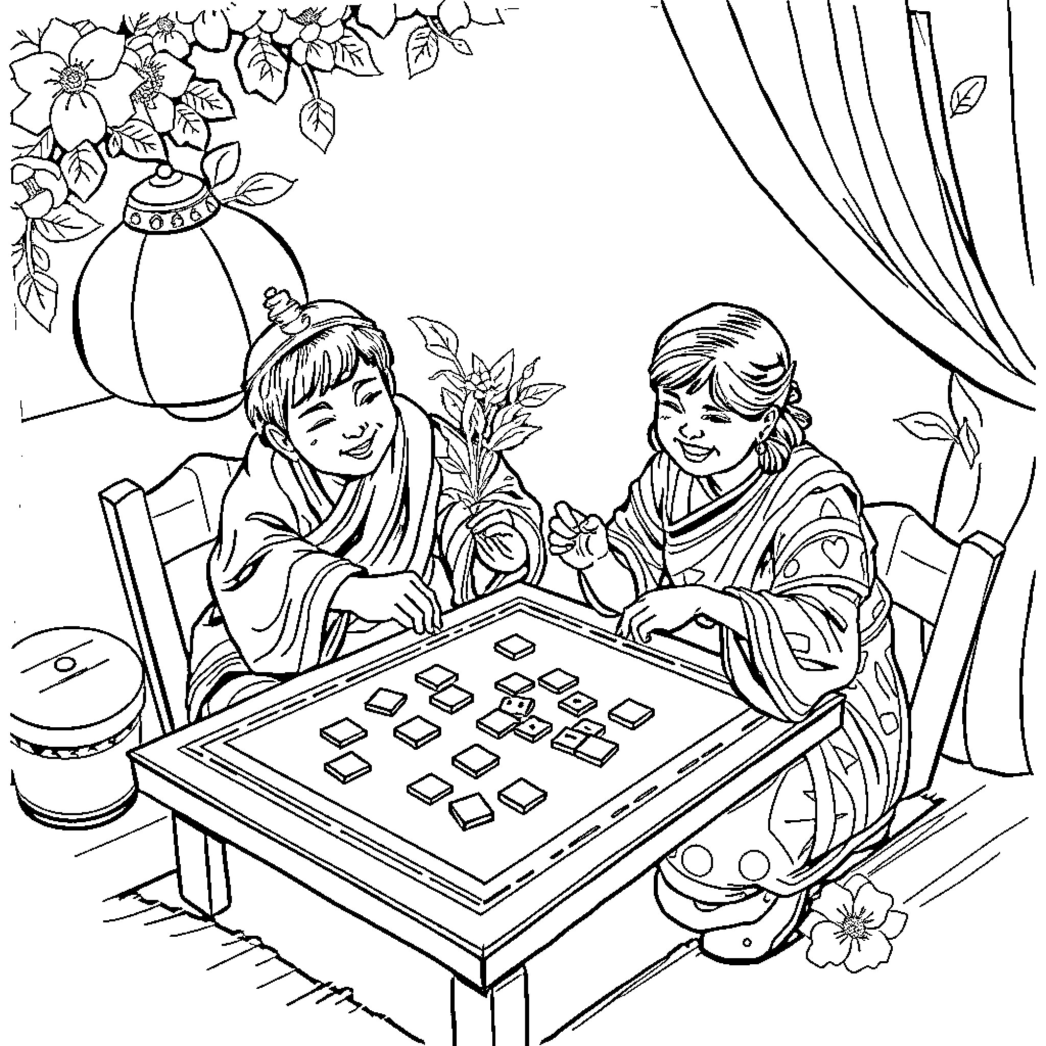67 Children Enjoying Board Game by Lantern Coloring Page (free black-and-white line drawing printable PDF for all, from beginners to advanced learners, including children, teens, adults, and seniors)