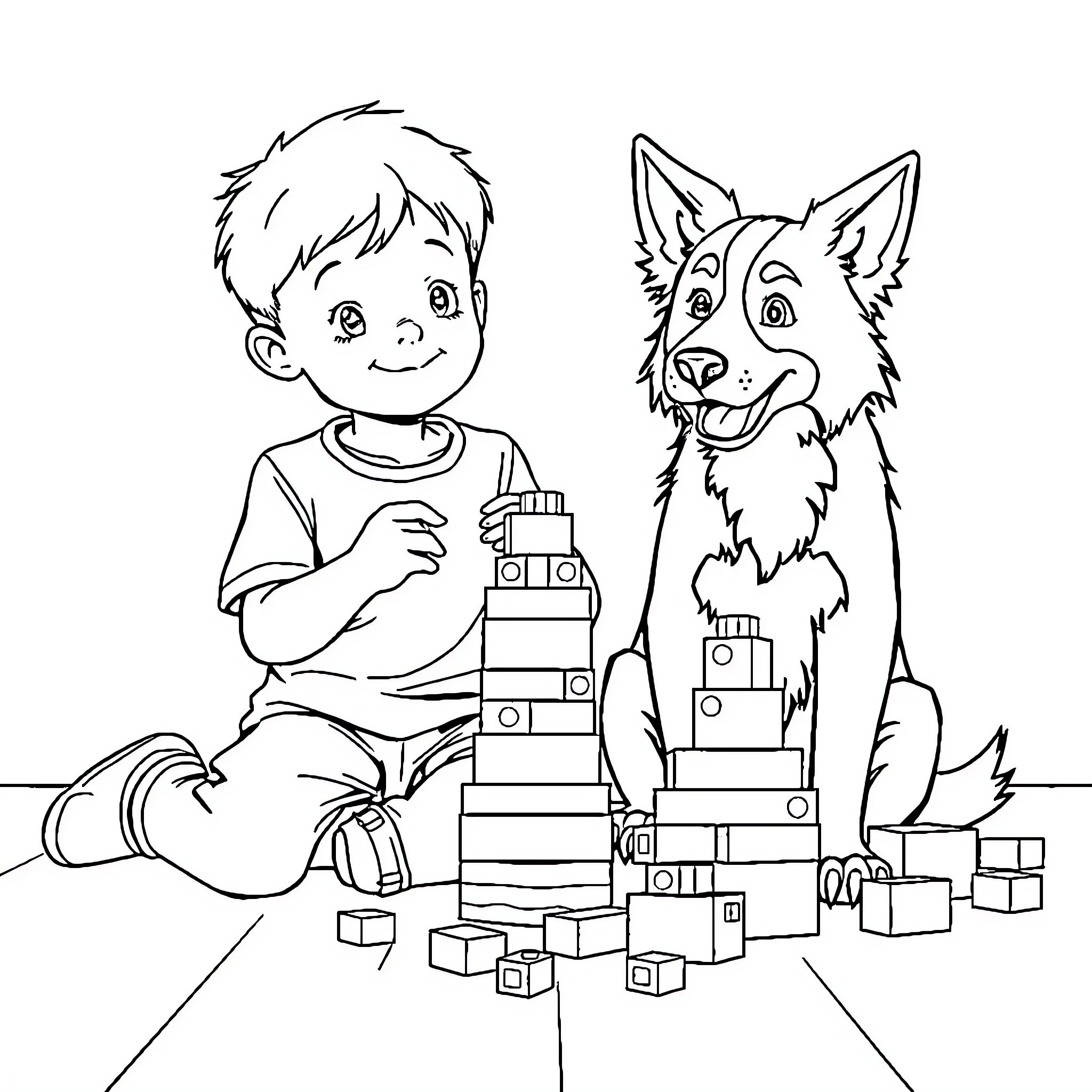 Boy playing with toy blocks and his pet dog Coloring Page (free black-and-white line drawing printable PDF for all, from beginners to advanced learners, including children, teens, adults, and seniors)