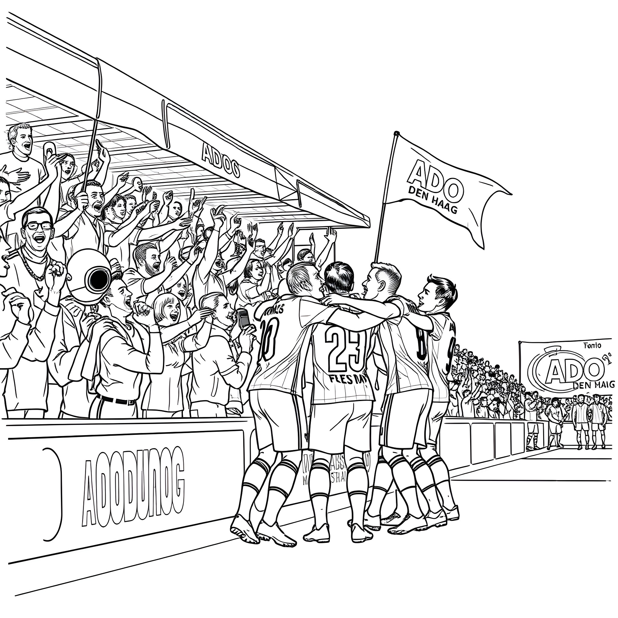 Ado Den Haag Celebrating Victory on the Field Coloring Page (free black-and-white line drawing printable PDF for all, from beginners to advanced learners, including children, teens, adults, and seniors)