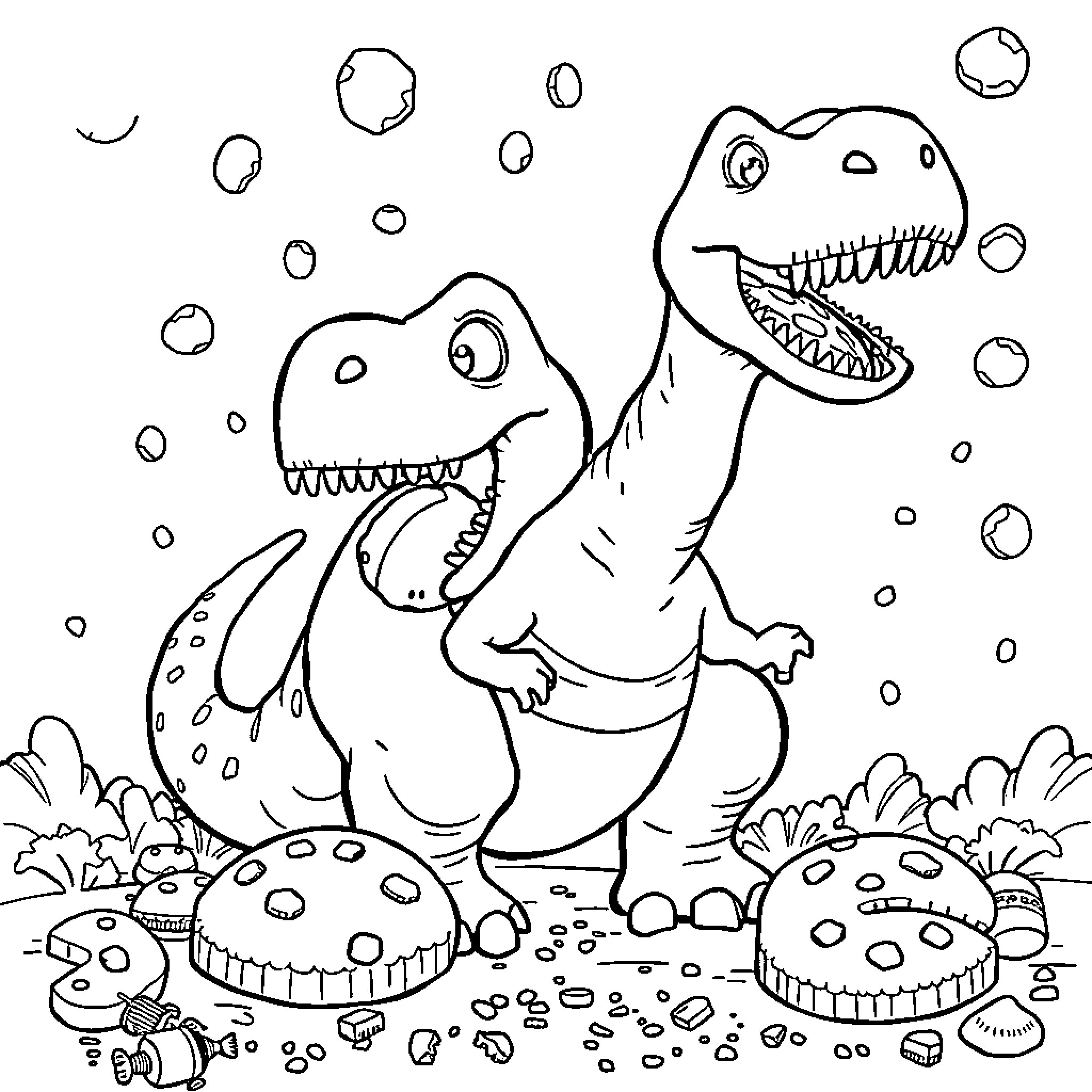 Dinosaur friends playing in a whimsical scene Coloring Page (free black-and-white line drawing printable PDF for all, from beginners to advanced learners, including children, teens, adults, and seniors)