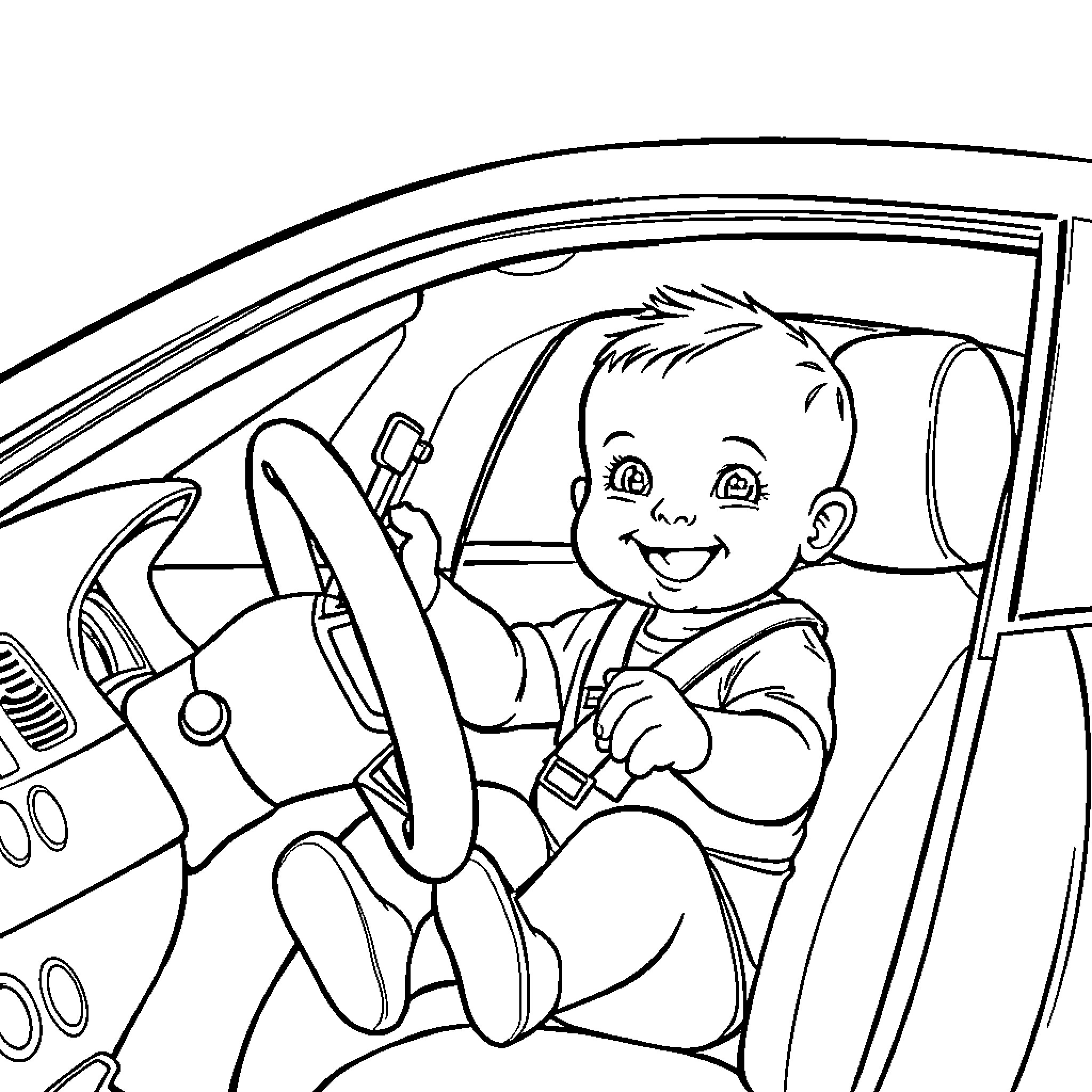 Baby happily driving a car Coloring Page (free black-and-white line drawing printable PDF for all, from beginners to advanced learners, including children, teens, adults, and seniors)