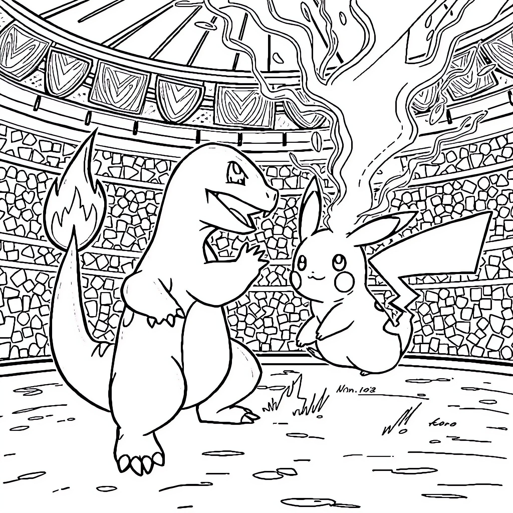 Charmander and Pikachu playing together in the arena Coloring Page (free black-and-white line drawing printable PDF for all, from beginners to advanced learners, including children, teens, adults, and seniors)