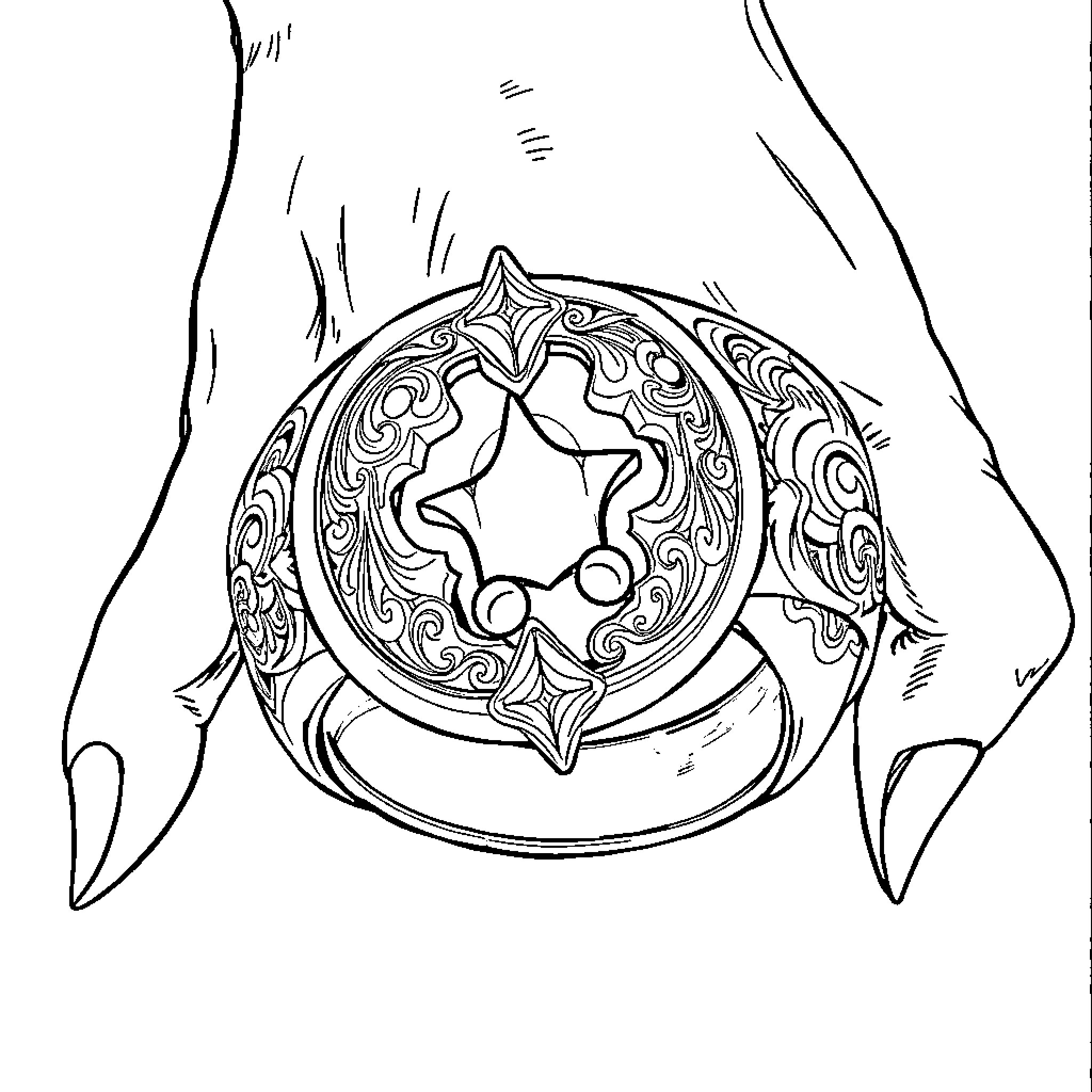 Millennium Ring - Mysterious Artifact Held in Hands Coloring Page (free black-and-white line drawing printable PDF for all, from beginners to advanced learners, including children, teens, adults, and seniors)