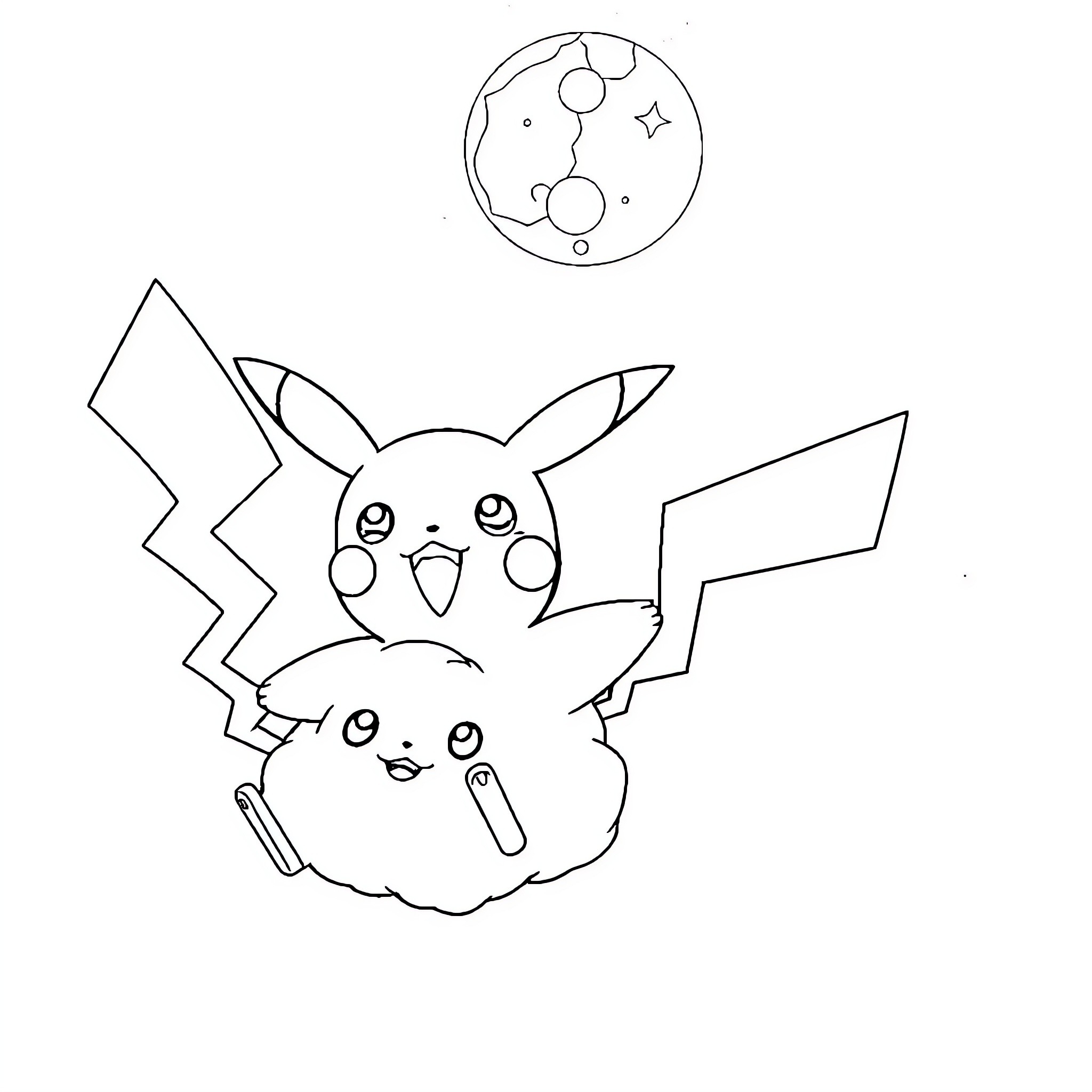 Pikachu friends playing and exploring the cosmos Coloring Page (free black-and-white line drawing printable PDF for all, from beginners to advanced learners, including children, teens, adults, and seniors)