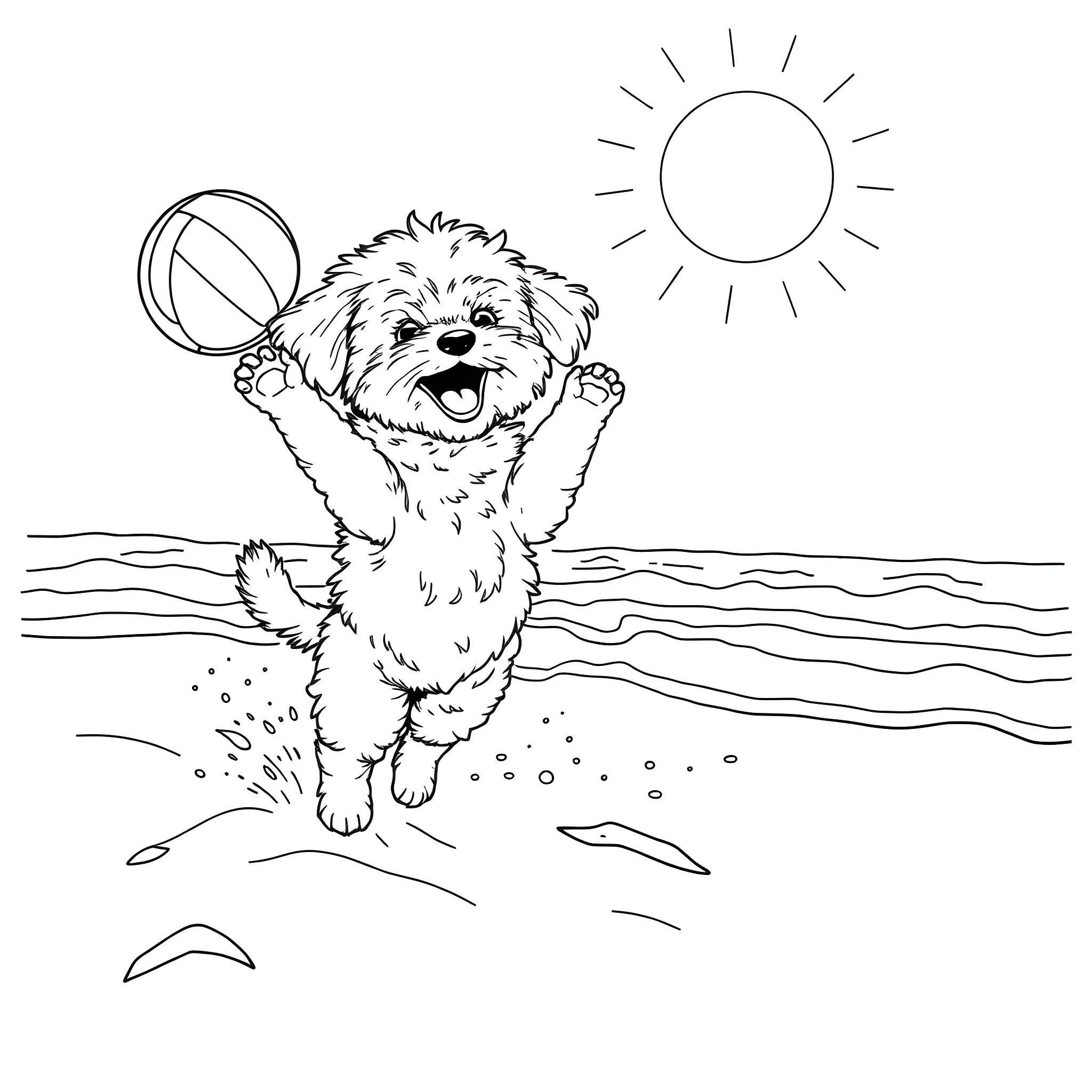 Maltipoo frolicking happily on the beach Coloring Page (free black-and-white line drawing printable PDF for all, from beginners to advanced learners, including children, teens, adults, and seniors)