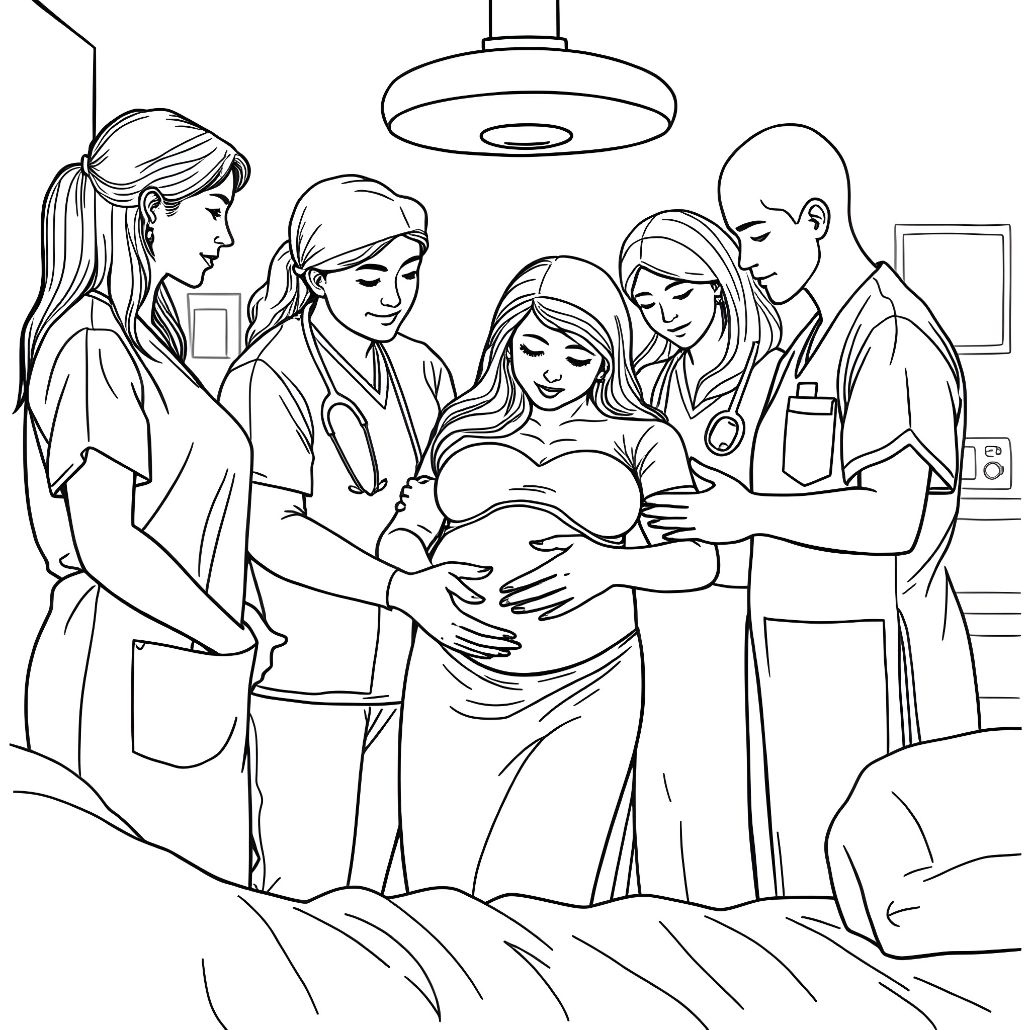 Pregnant Woman Receiving Care from Medical Team Coloring Page (free black-and-white line drawing printable PDF for all, from beginners to advanced learners, including children, teens, adults, and seniors)