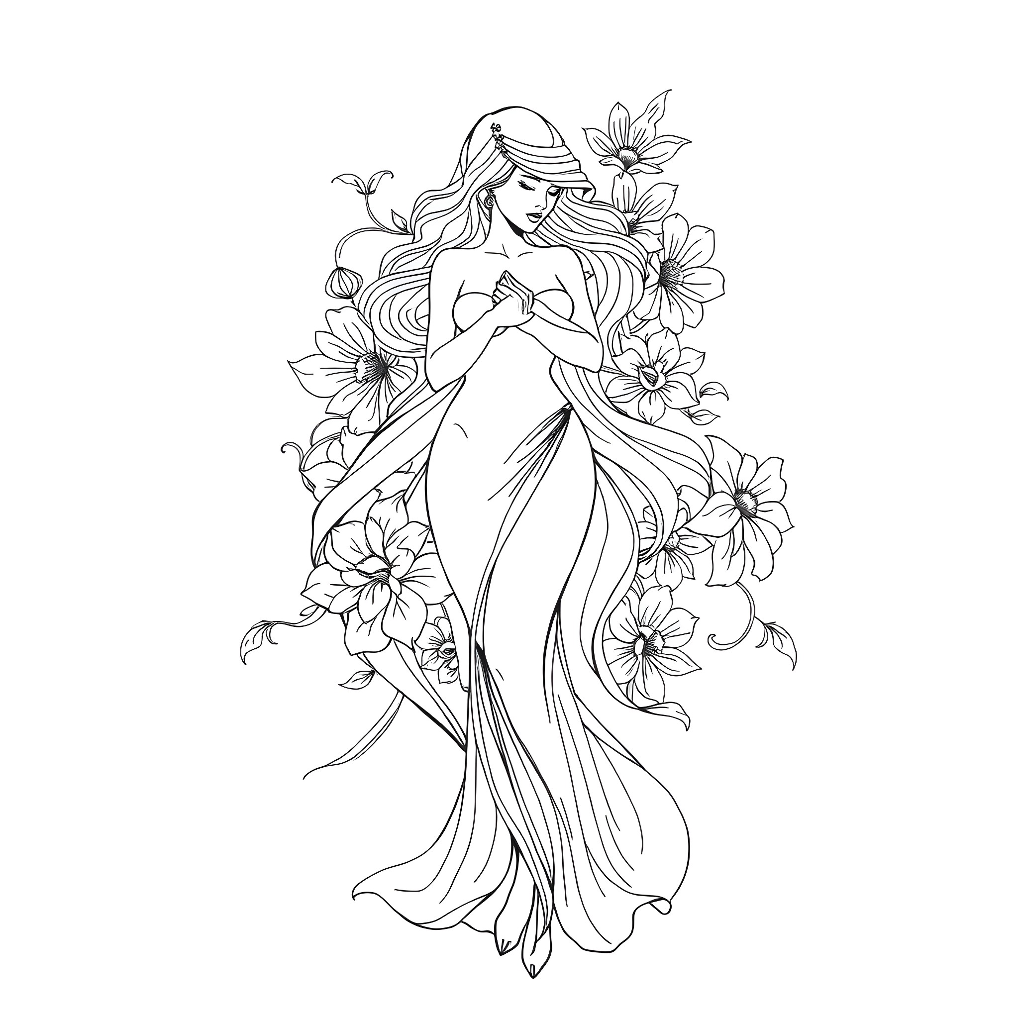 Female figure embracing flowers in a flowing dress Coloring Page (free black-and-white line drawing printable PDF for all, from beginners to advanced learners, including children, teens, adults, and seniors)
