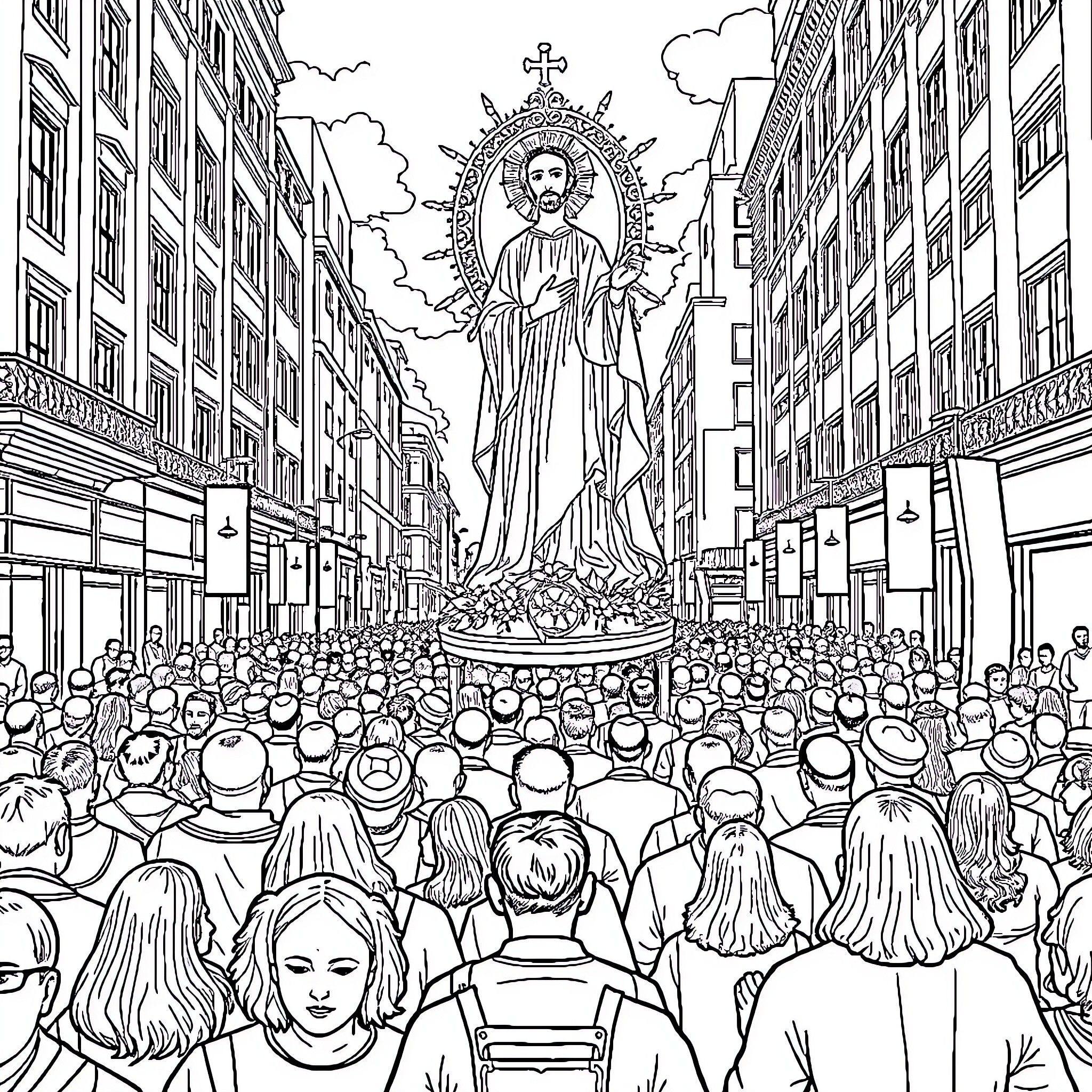 Religious Image of a Crowded Street Procession Coloring Page (free black-and-white line drawing printable PDF for all, from beginners to advanced learners, including children, teens, adults, and seniors)