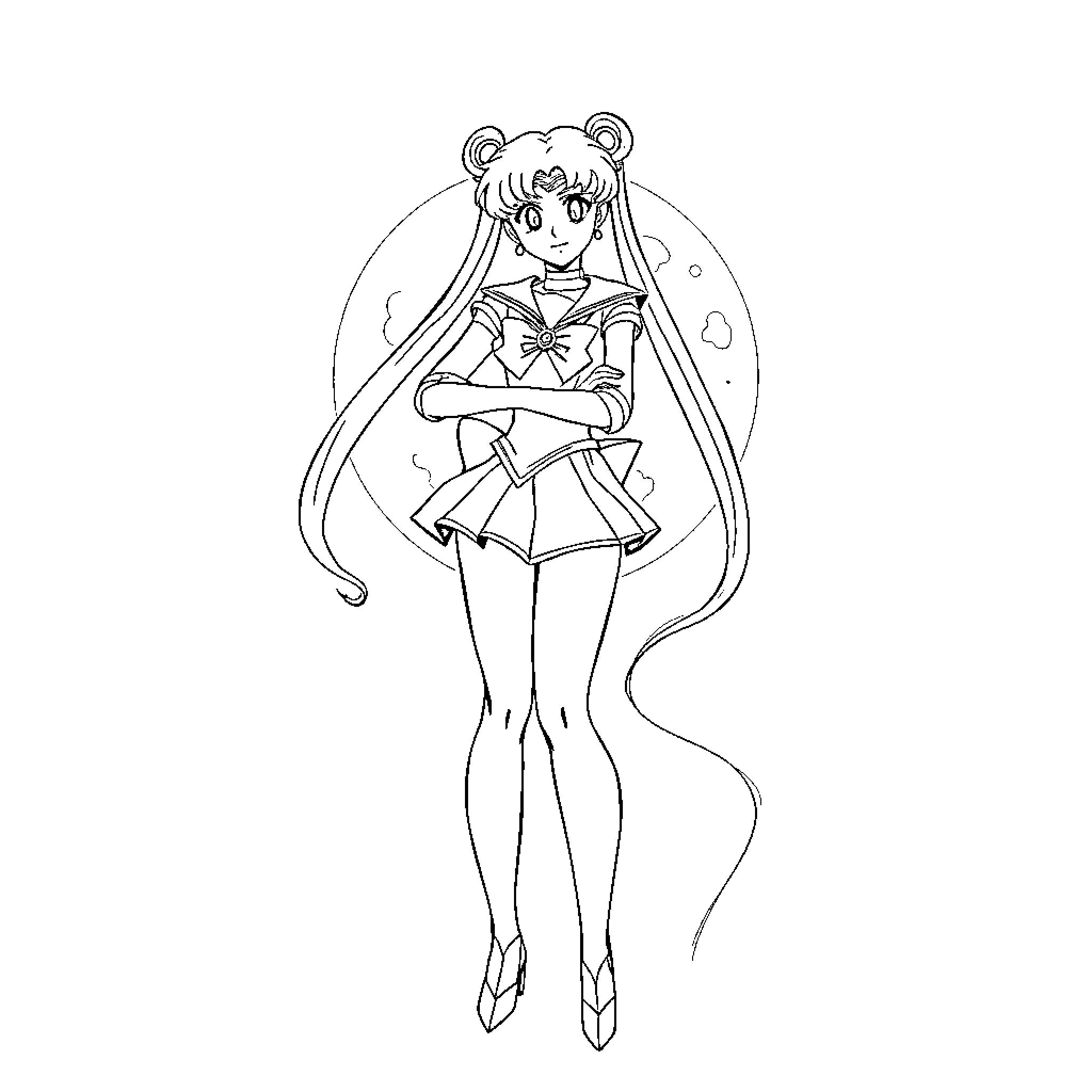 Sailor Moon in Iconic Anime Style Pose Coloring Page (free black-and-white line drawing printable PDF for all, from beginners to advanced learners, including children, teens, adults, and seniors)