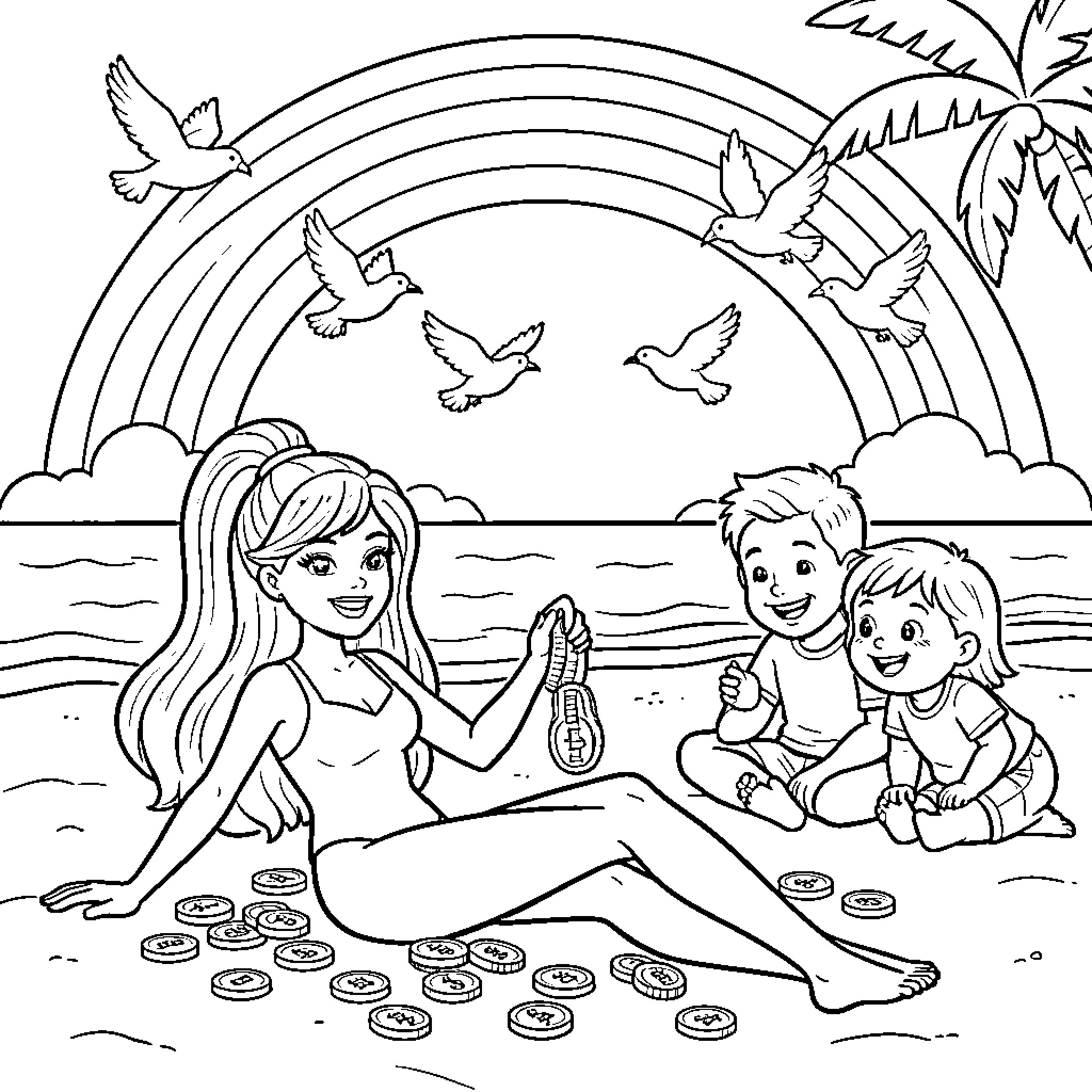 Barbie enjoying a day at the beach with friends Coloring Page (free black-and-white line drawing printable PDF for all, from beginners to advanced learners, including children, teens, adults, and seniors)