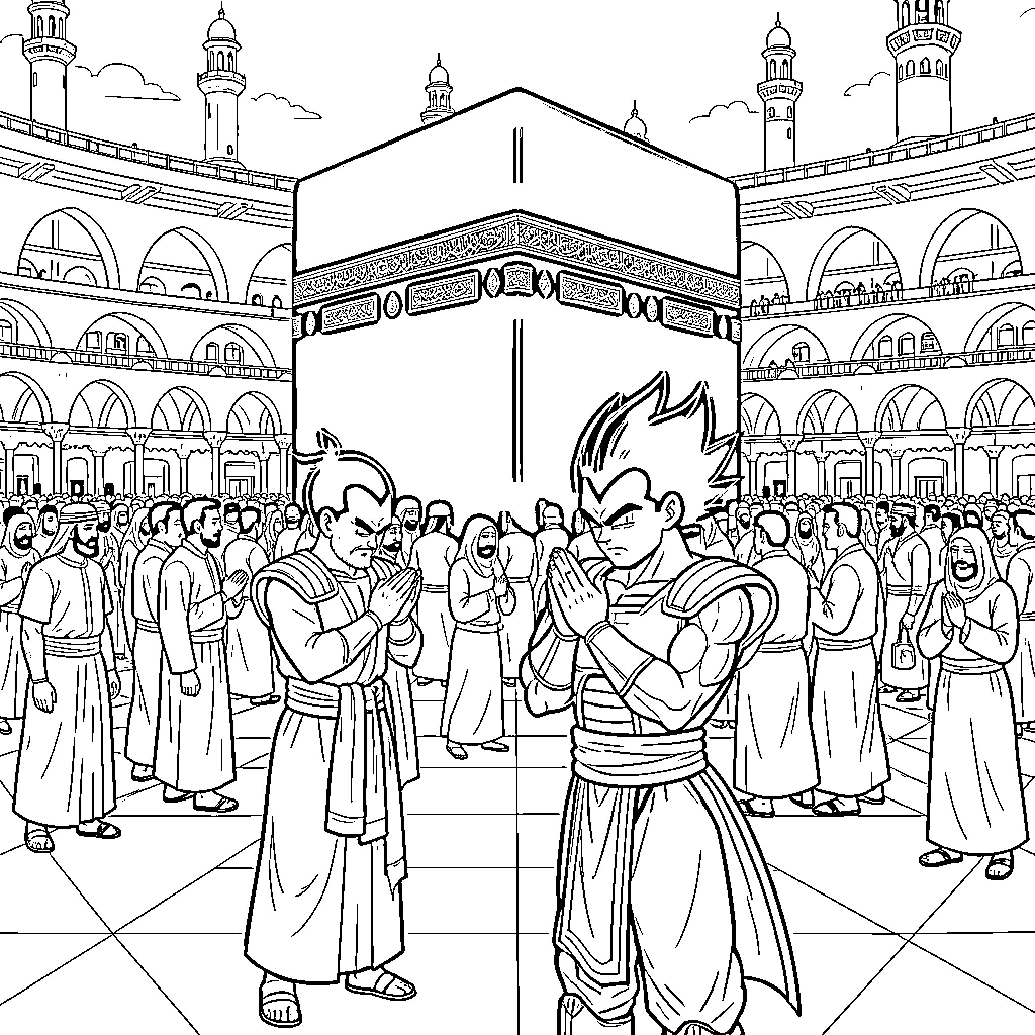 Vegeta standing with hands pressed together in prayer Coloring Page (free black-and-white line drawing printable PDF for all, from beginners to advanced learners, including children, teens, adults, and seniors)