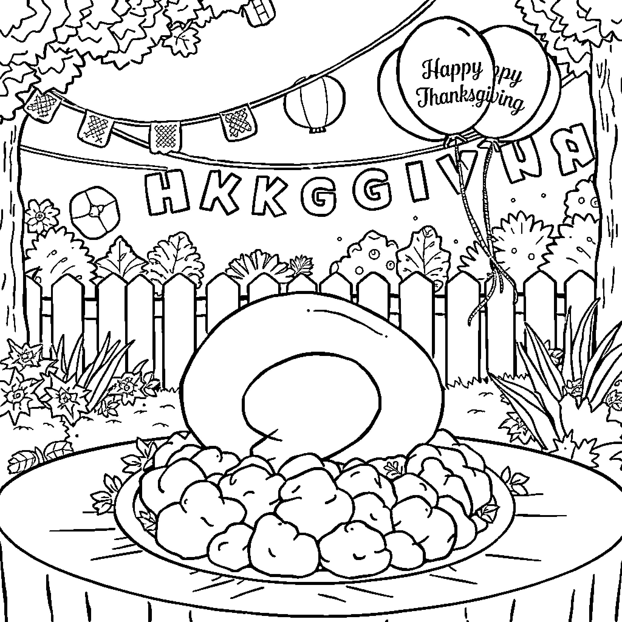 Turkey-themed Thanksgiving celebration scene Coloring Page (free black-and-white line drawing printable PDF for all, from beginners to advanced learners, including children, teens, adults, and seniors)