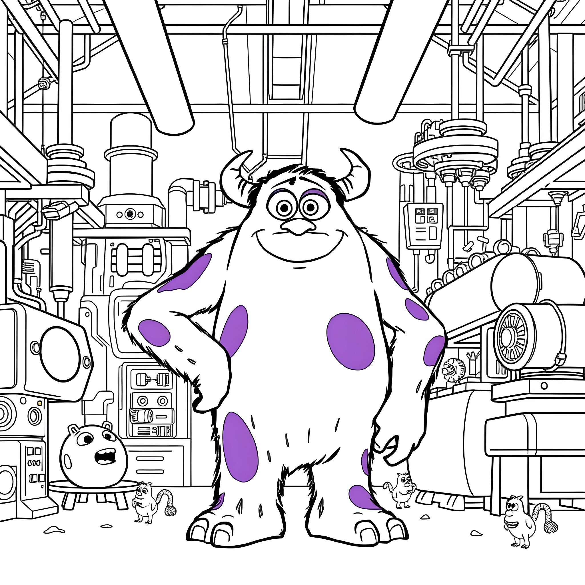 Sulley the Friendly Monster in the Animated Factory Coloring Page (free black-and-white line drawing printable PDF for all, from beginners to advanced learners, including children, teens, adults, and seniors)