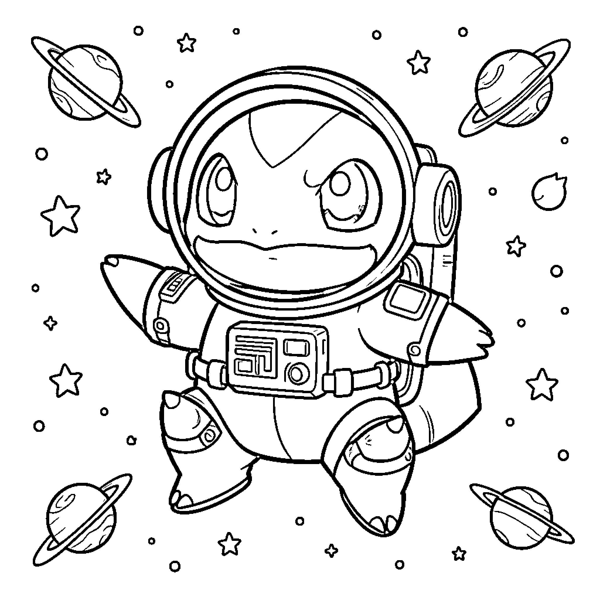 Squirtle wearing an astronaut suit floating in space Coloring Page (free black-and-white line drawing printable PDF for all, from beginners to advanced learners, including children, teens, adults, and seniors)