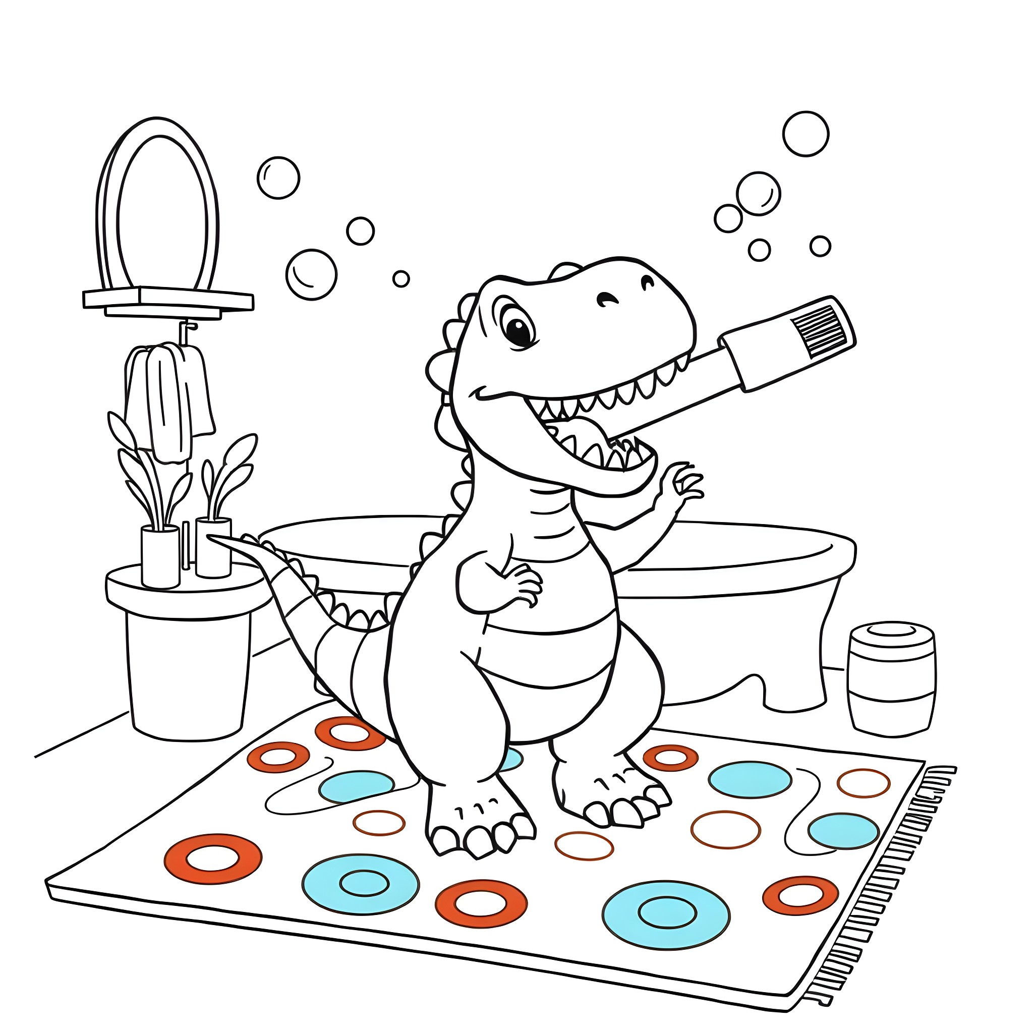 Dinosaur brushing teeth in the bathroom Coloring Page (free black-and-white line drawing printable PDF for all, from beginners to advanced learners, including children, teens, adults, and seniors)