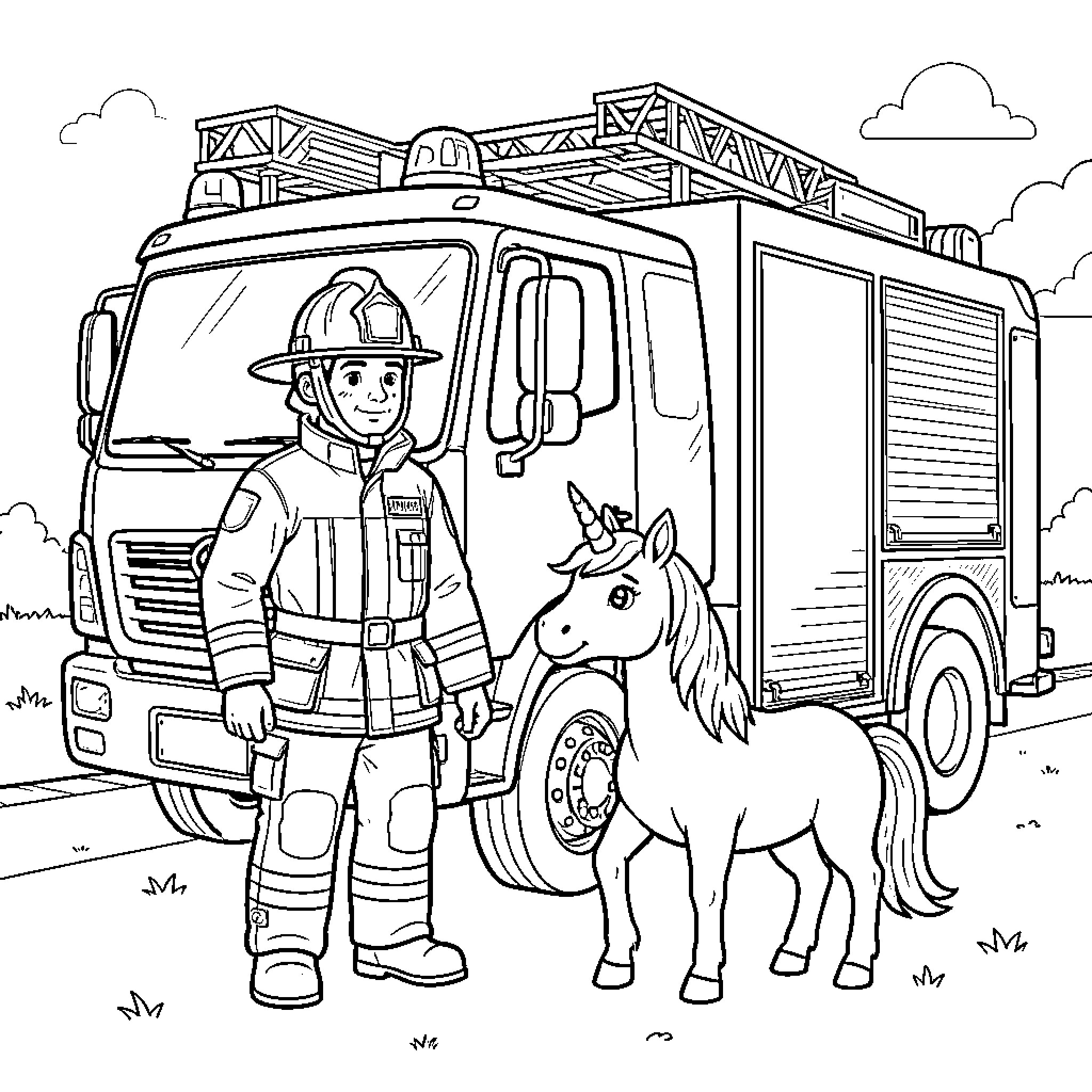 Pompy firefighter standing proudly next to a unicorn Coloring Page (free black-and-white line drawing printable PDF for all, from beginners to advanced learners, including children, teens, adults, and seniors)