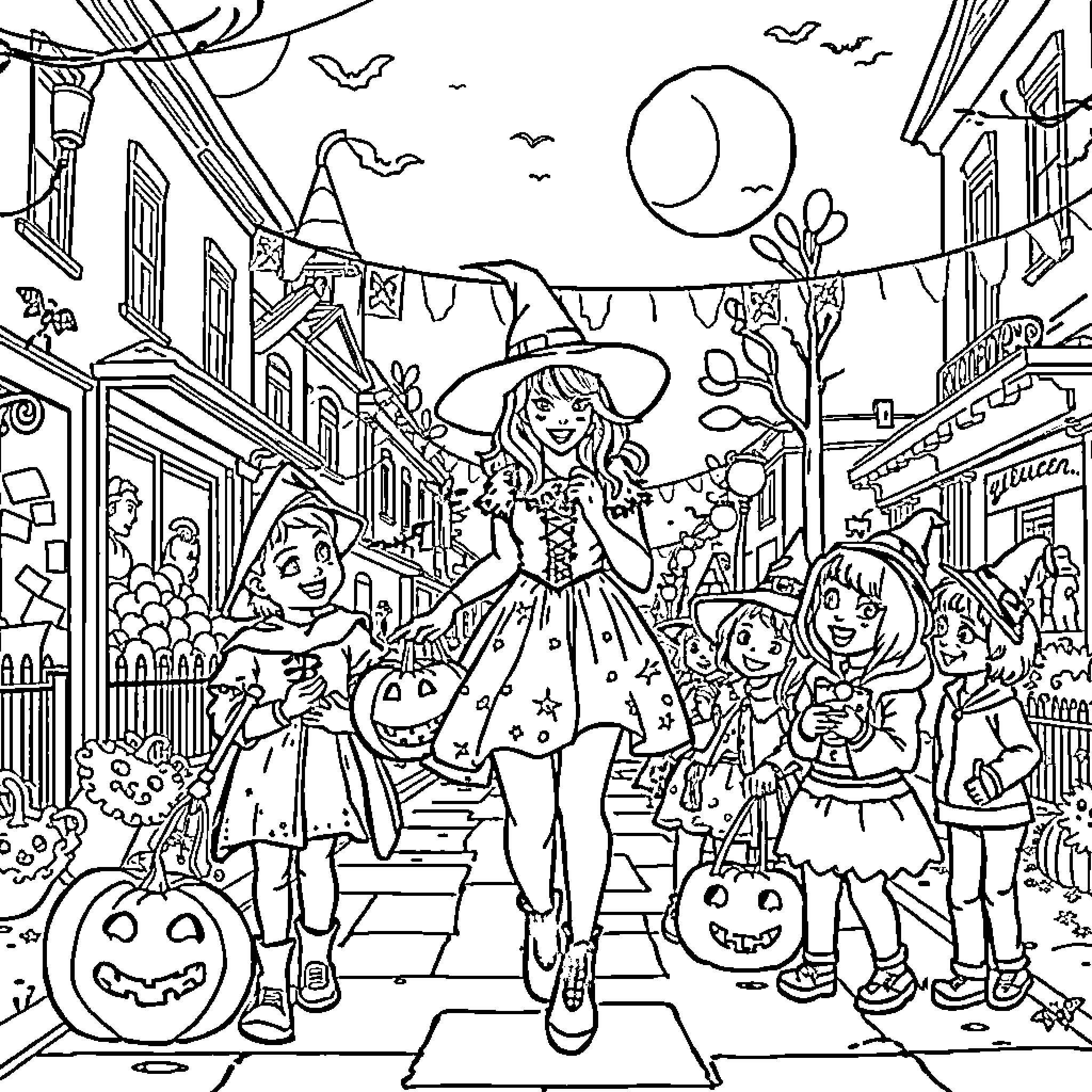 Taylor Swift's Enchanting Halloween Celebration in a Magical Town Coloring Page (free black-and-white line drawing printable PDF for all, from beginners to advanced learners, including children, teens, adults, and seniors)