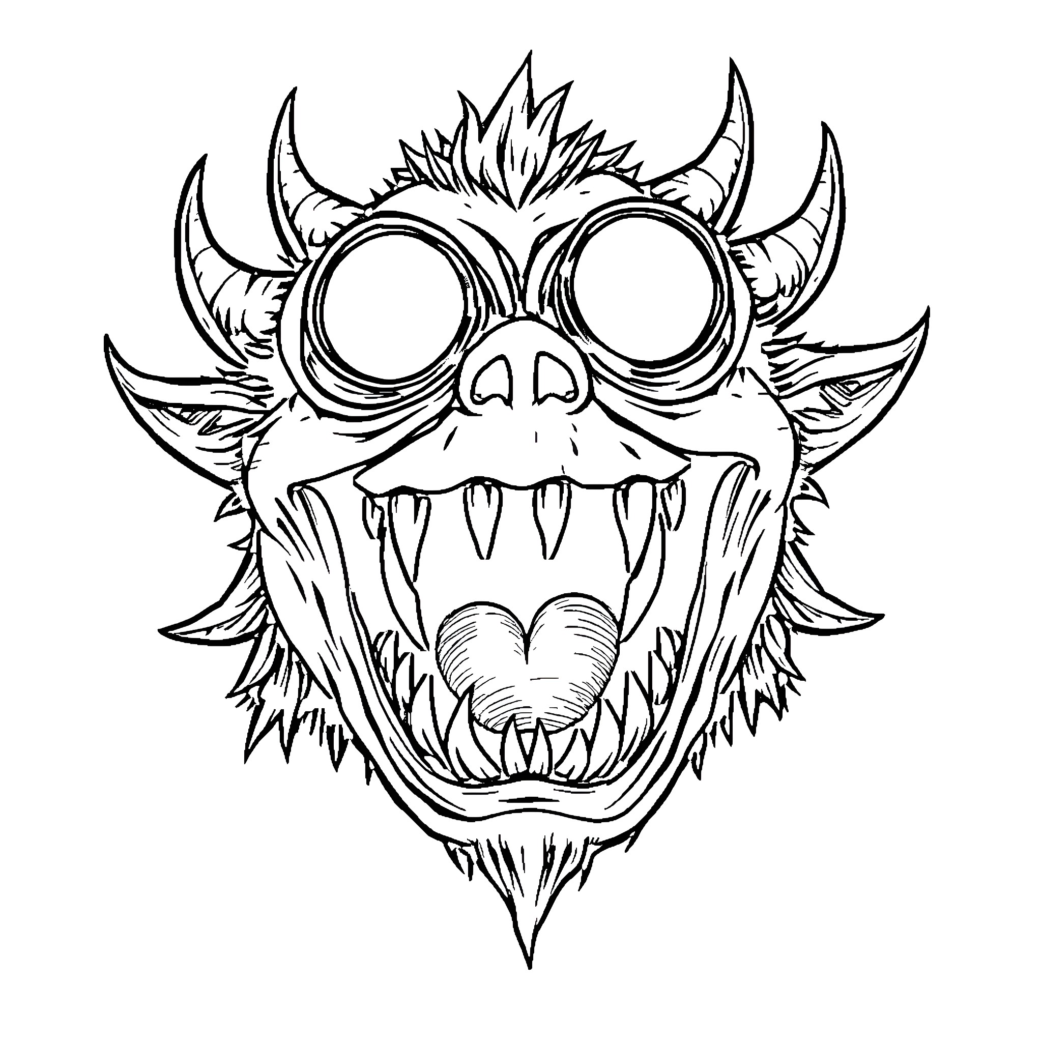 Monster with Fierce Expression and Unusual Features Coloring Page (free black-and-white line drawing printable PDF for all, from beginners to advanced learners, including children, teens, adults, and seniors)