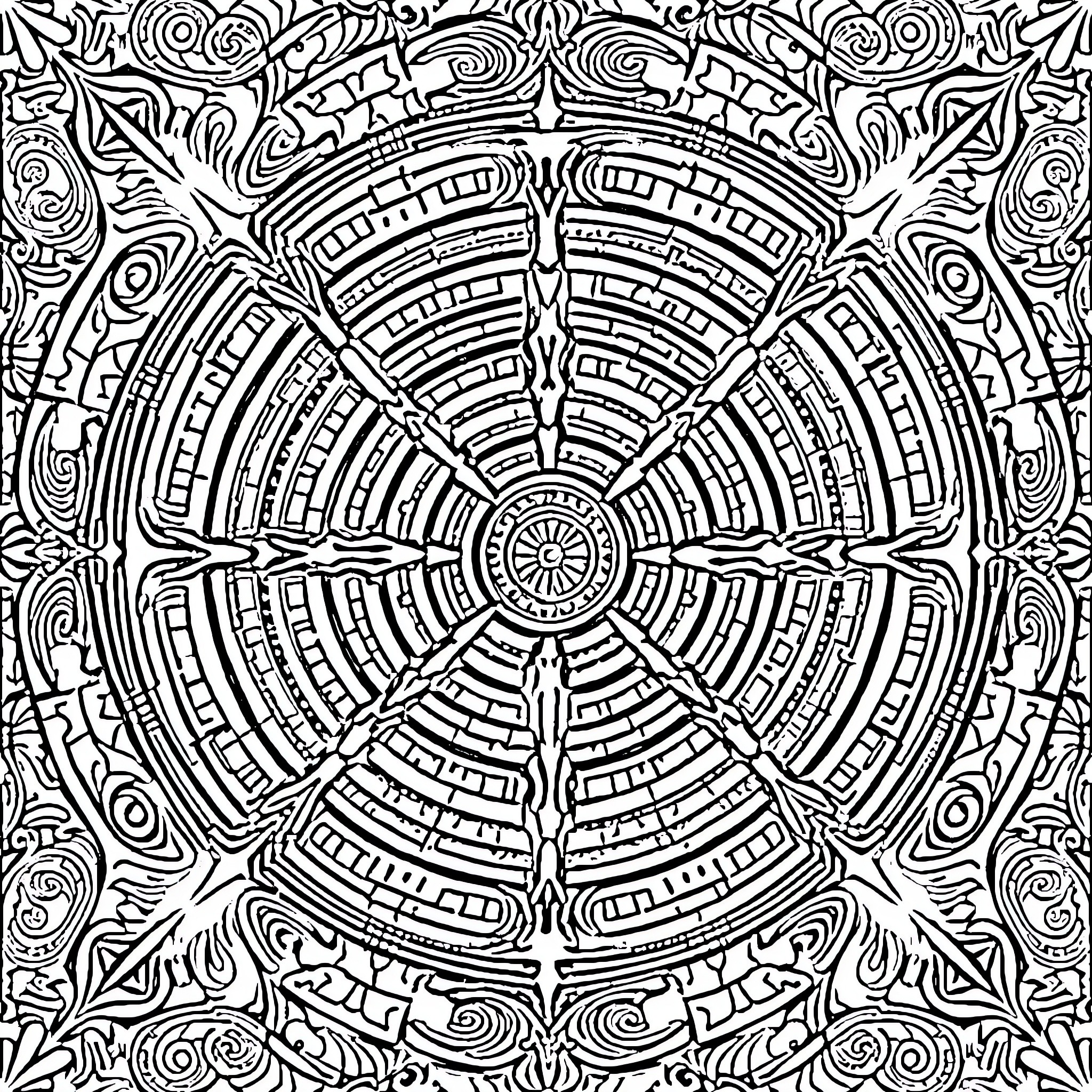 Maze of intricate patterns and shapes Coloring Page (free black-and-white line drawing printable PDF for all, from beginners to advanced learners, including children, teens, adults, and seniors)