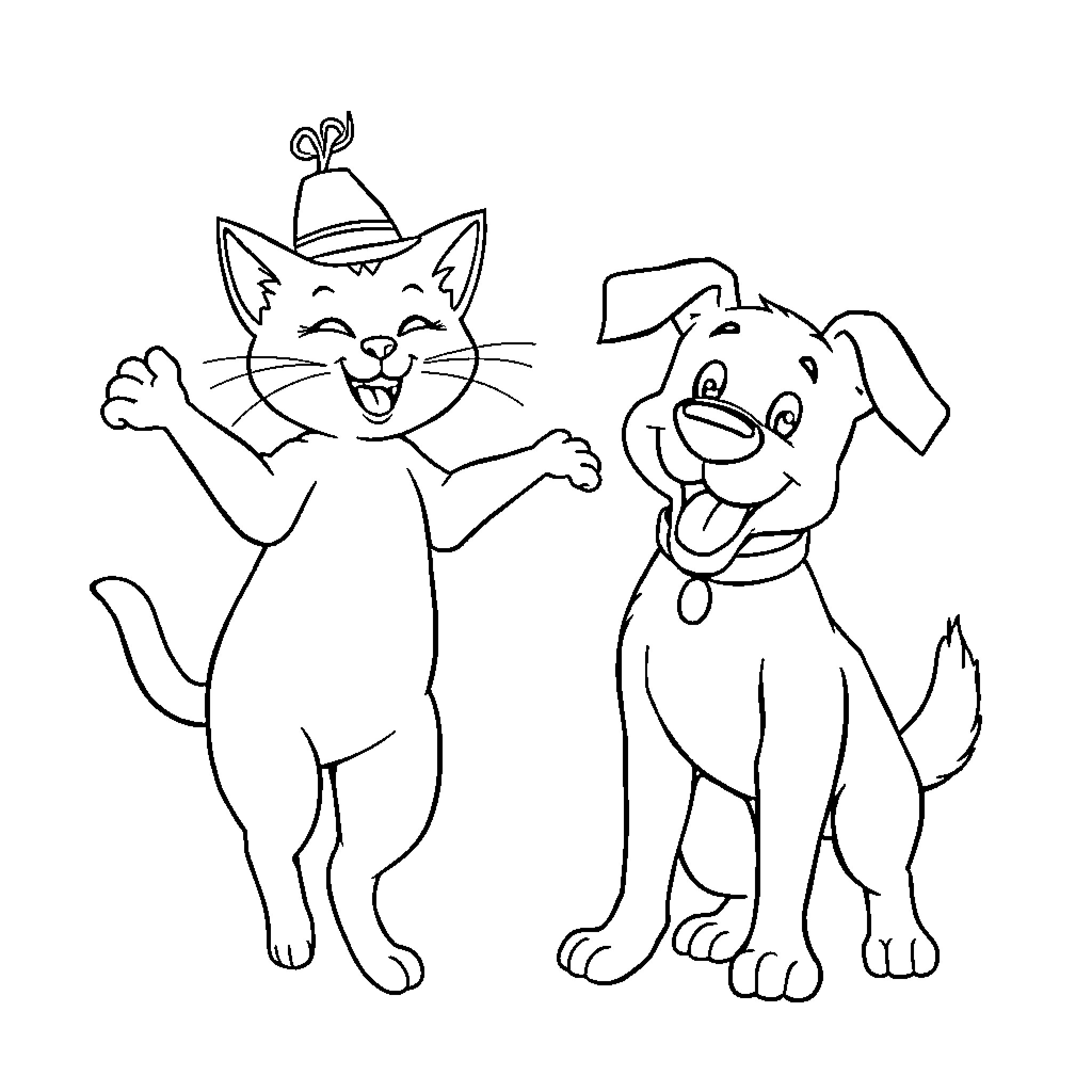Cat and Dog Having Fun Together Coloring Page (free black-and-white line drawing printable PDF for all, from beginners to advanced learners, including children, teens, adults, and seniors)