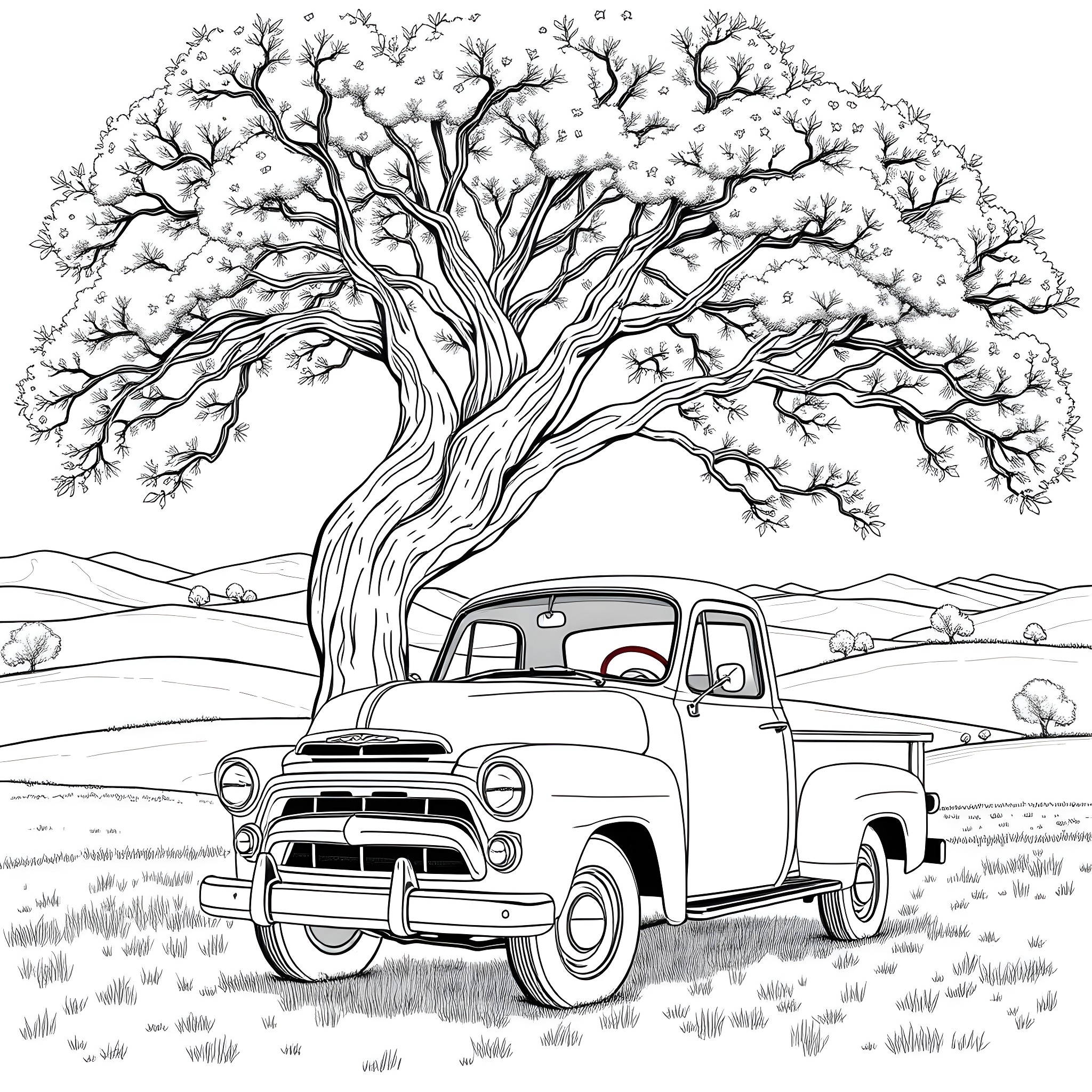 Truck under a snowy tree in a rural landscape Coloring Page (free black-and-white line drawing printable PDF for all, from beginners to advanced learners, including children, teens, adults, and seniors)