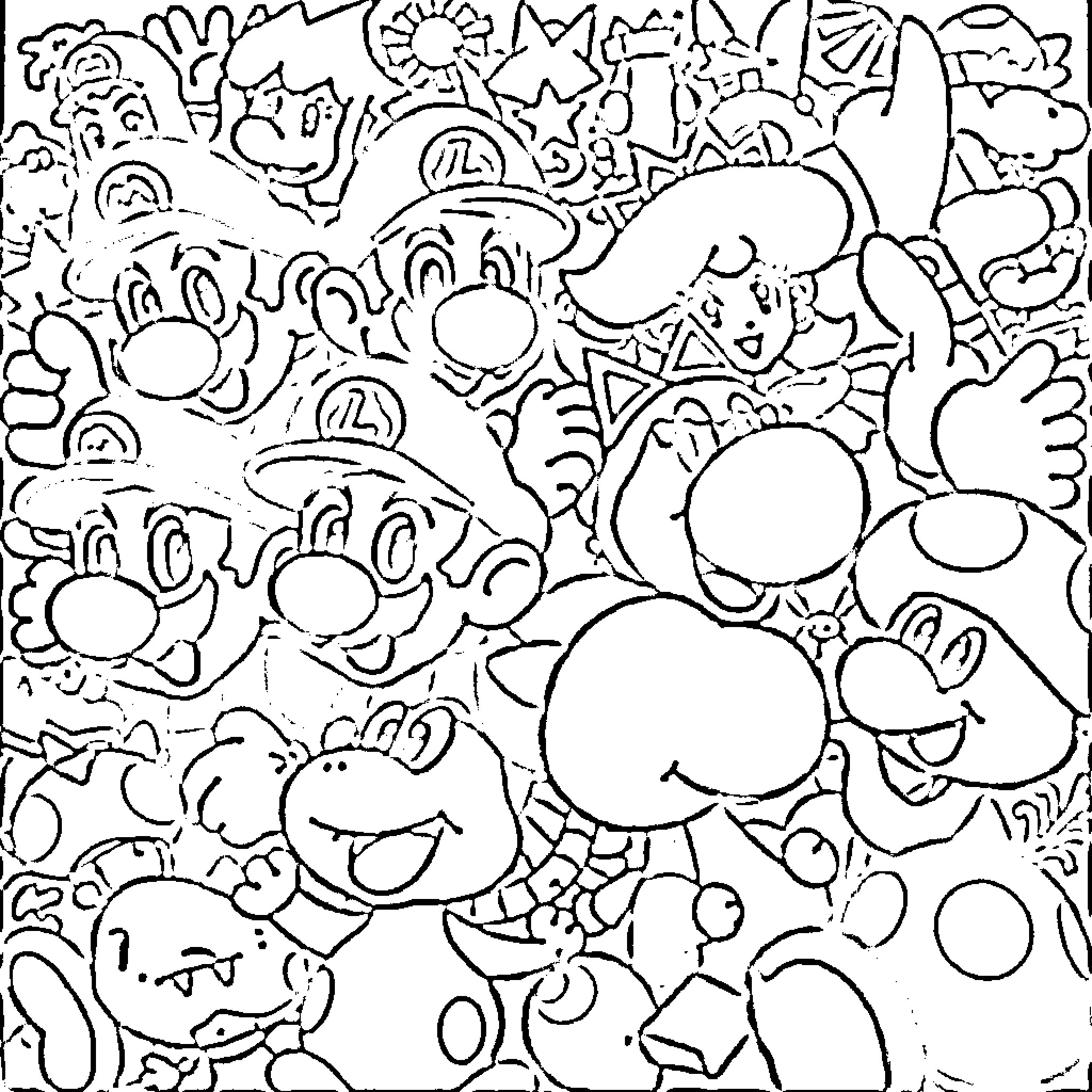 Mario and Friends Doodle Chaos Coloring Page (free black-and-white line drawing printable PDF for all, from beginners to advanced learners, including children, teens, adults, and seniors)