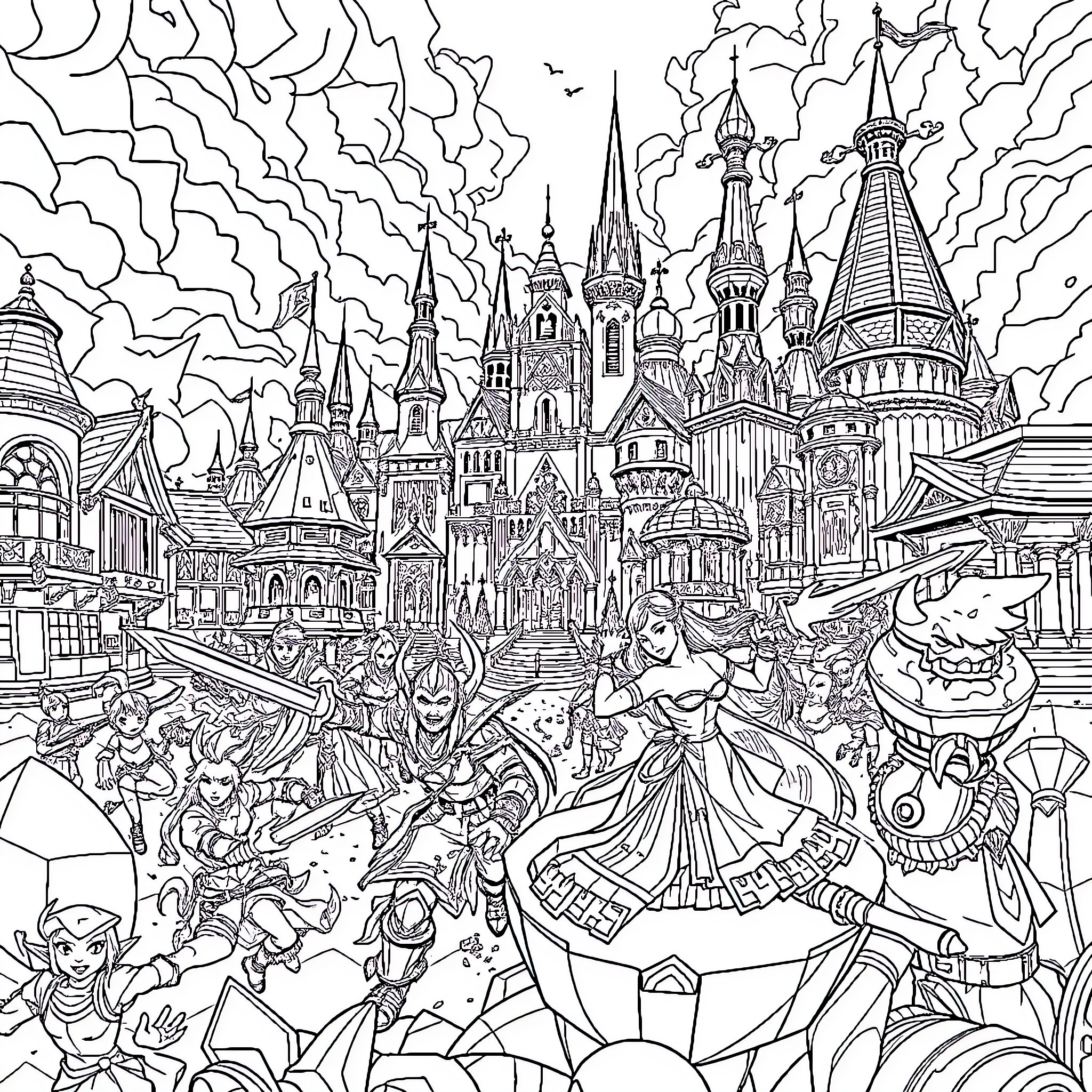 Arcane Fantasy Castle and Characters in Action Coloring Page (free black-and-white line drawing printable PDF for all, from beginners to advanced learners, including children, teens, adults, and seniors)