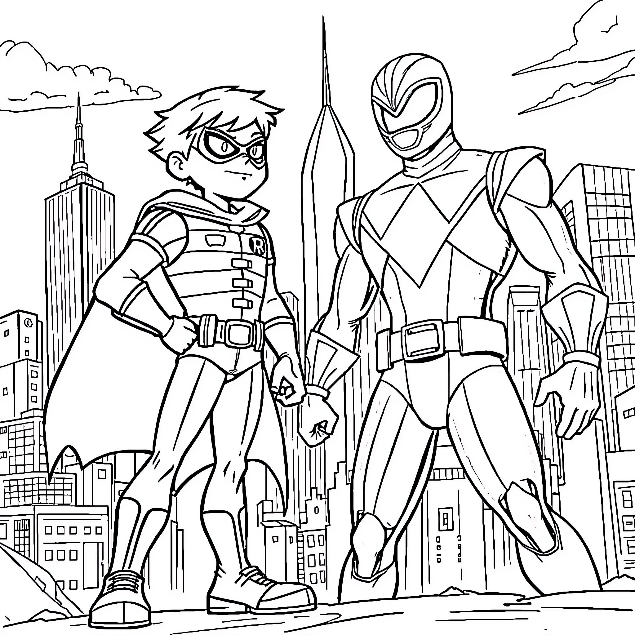 Robin's Crimefighting Adventure in the City Coloring Page (free black-and-white line drawing printable PDF for all, from beginners to advanced learners, including children, teens, adults, and seniors)