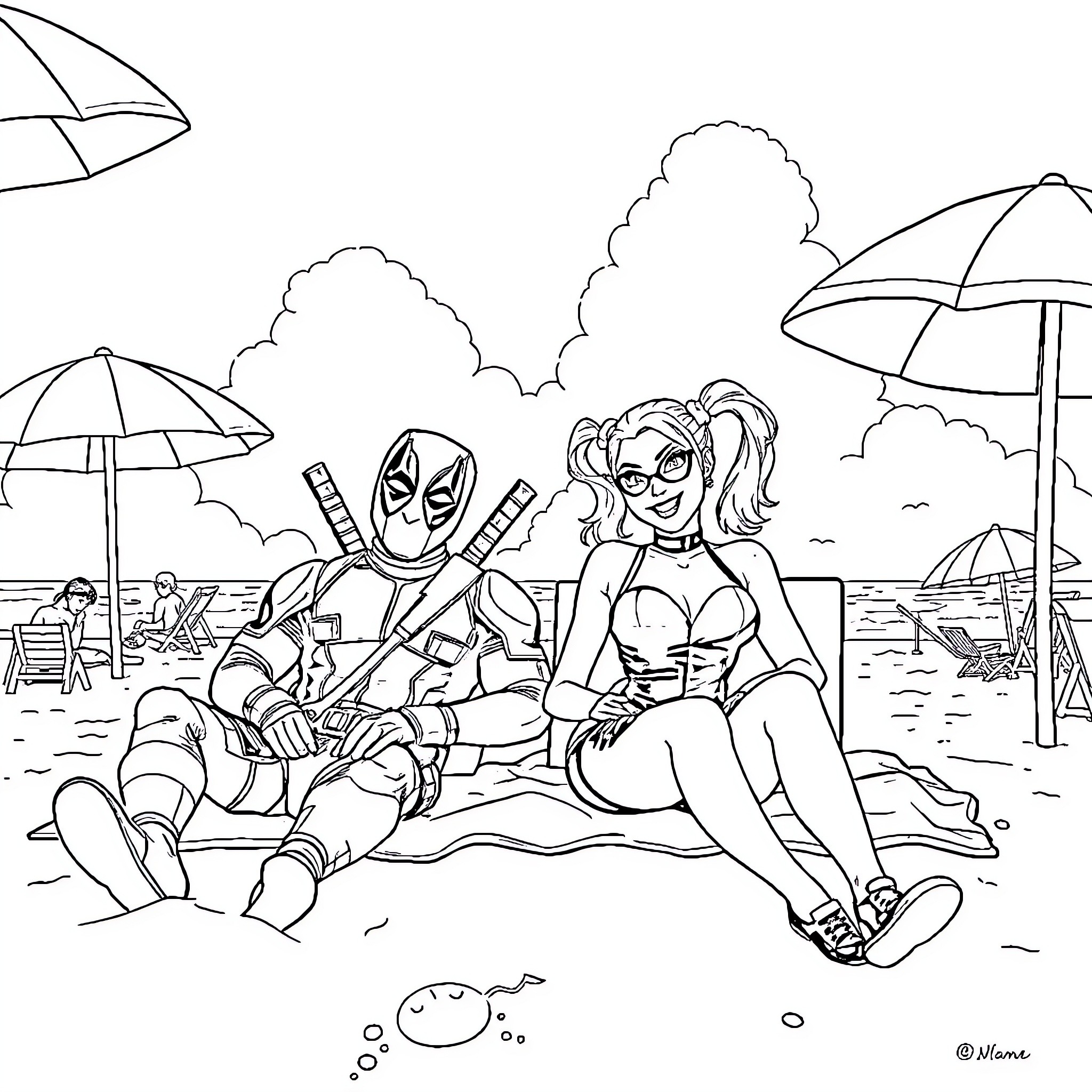 Deadpool and Harley Quinn relaxing on the beach Coloring Page (free black-and-white line drawing printable PDF for all, from beginners to advanced learners, including children, teens, adults, and seniors)