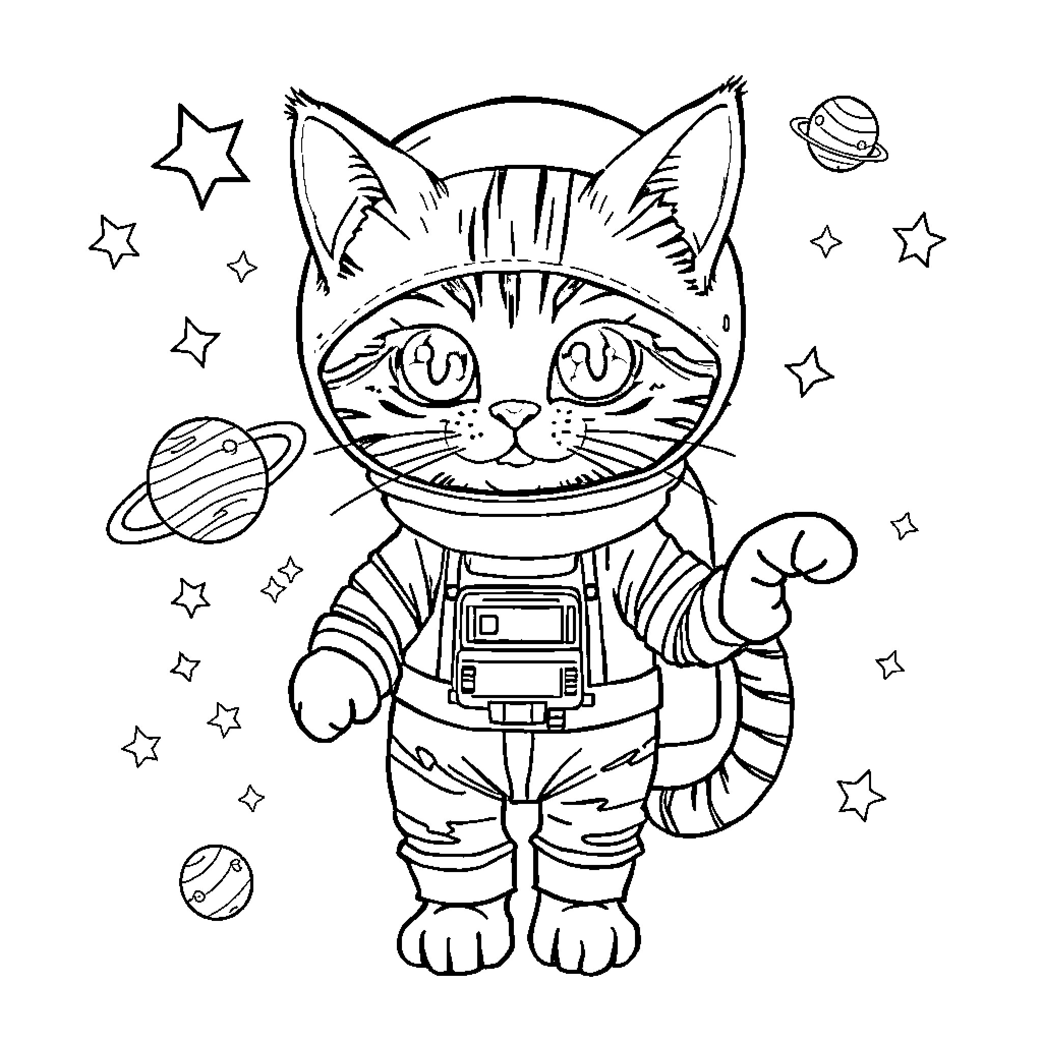 Cat astronaut exploring the galaxy Coloring Page (free black-and-white line drawing printable PDF for all, from beginners to advanced learners, including children, teens, adults, and seniors)