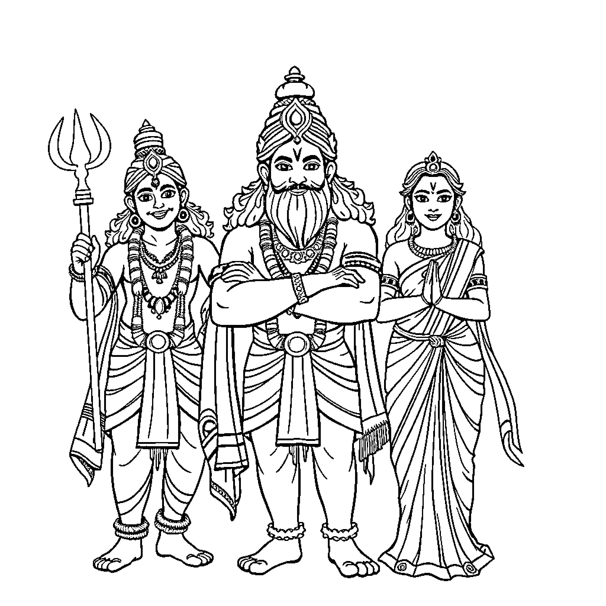 Jagannath and his divine companions in ceremonial attire Coloring Page (free black-and-white line drawing printable PDF for all, from beginners to advanced learners, including children, teens, adults, and seniors)