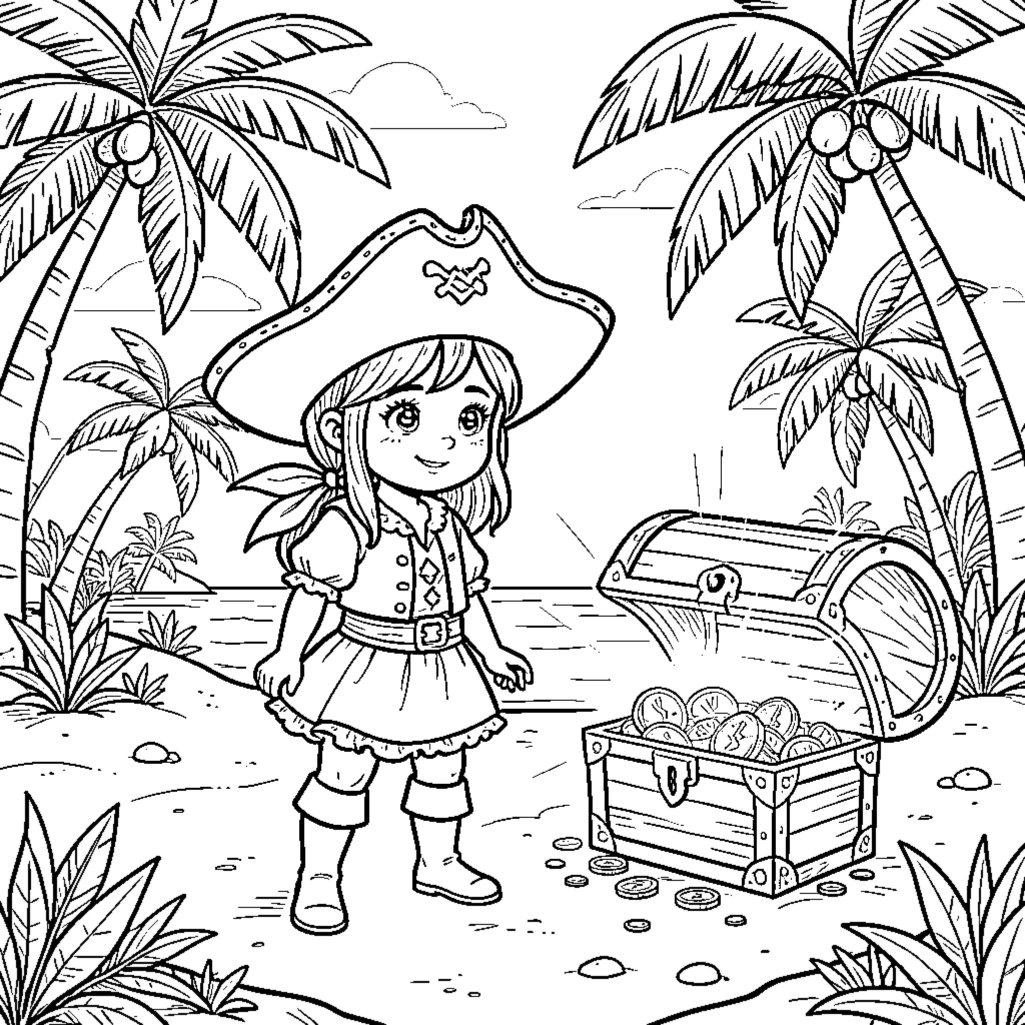 Pirate Girl Exploring Tropical Island Coloring Page (free black-and-white line drawing printable PDF for all, from beginners to advanced learners, including children, teens, adults, and seniors)