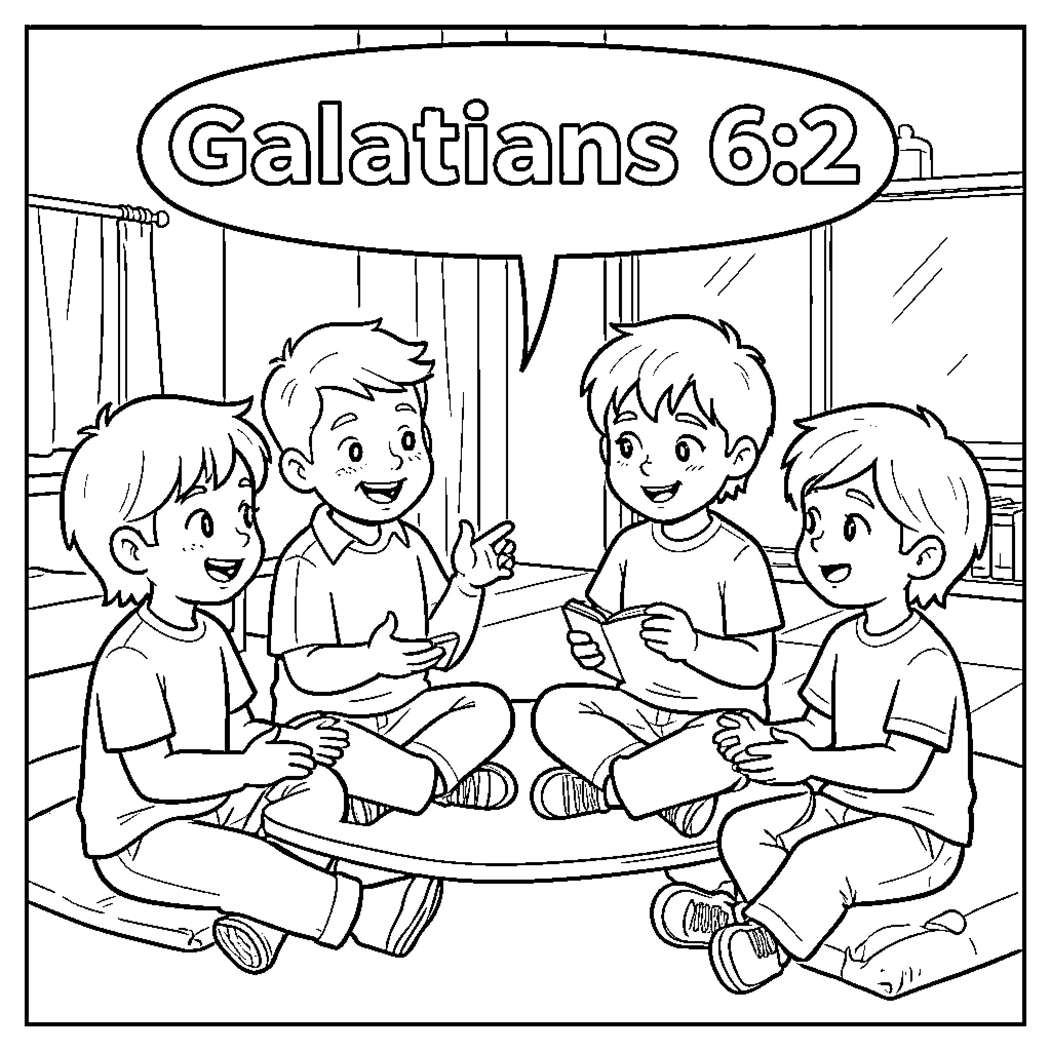 Kid friends sitting together and talking in a circle Coloring Page (free black-and-white line drawing printable PDF for all, from beginners to advanced learners, including children, teens, adults, and seniors)