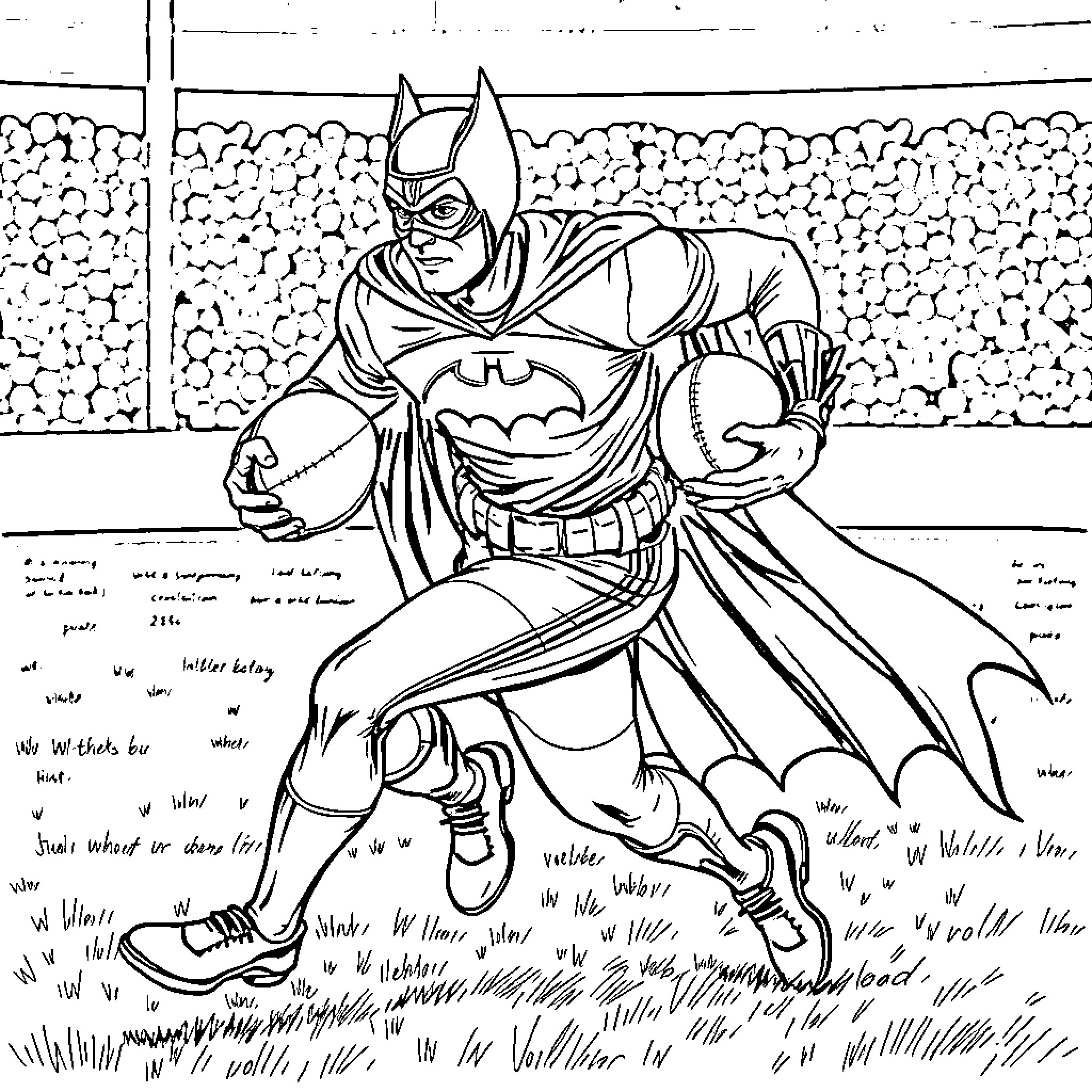 Rugby Player in Batman Outfit Tackling on Field Coloring Page (free black-and-white line drawing printable PDF for all, from beginners to advanced learners, including children, teens, adults, and seniors)