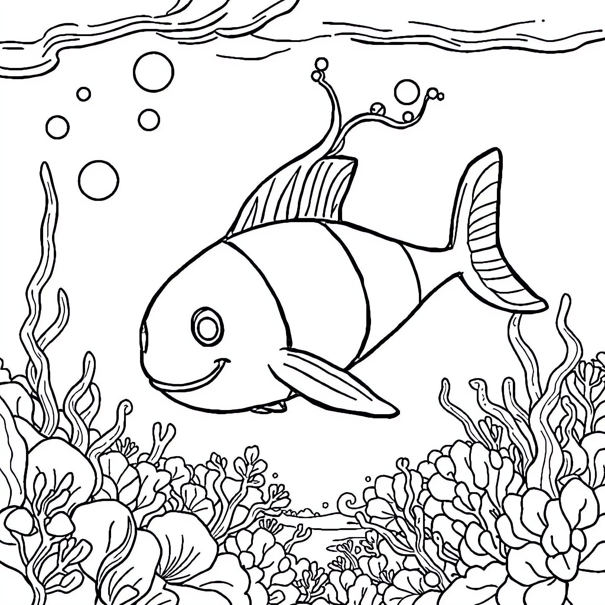 Sous-marin swimming underwater with coral reefs Coloring Page (free black-and-white line drawing printable PDF for all, from beginners to advanced learners, including children, teens, adults, and seniors)