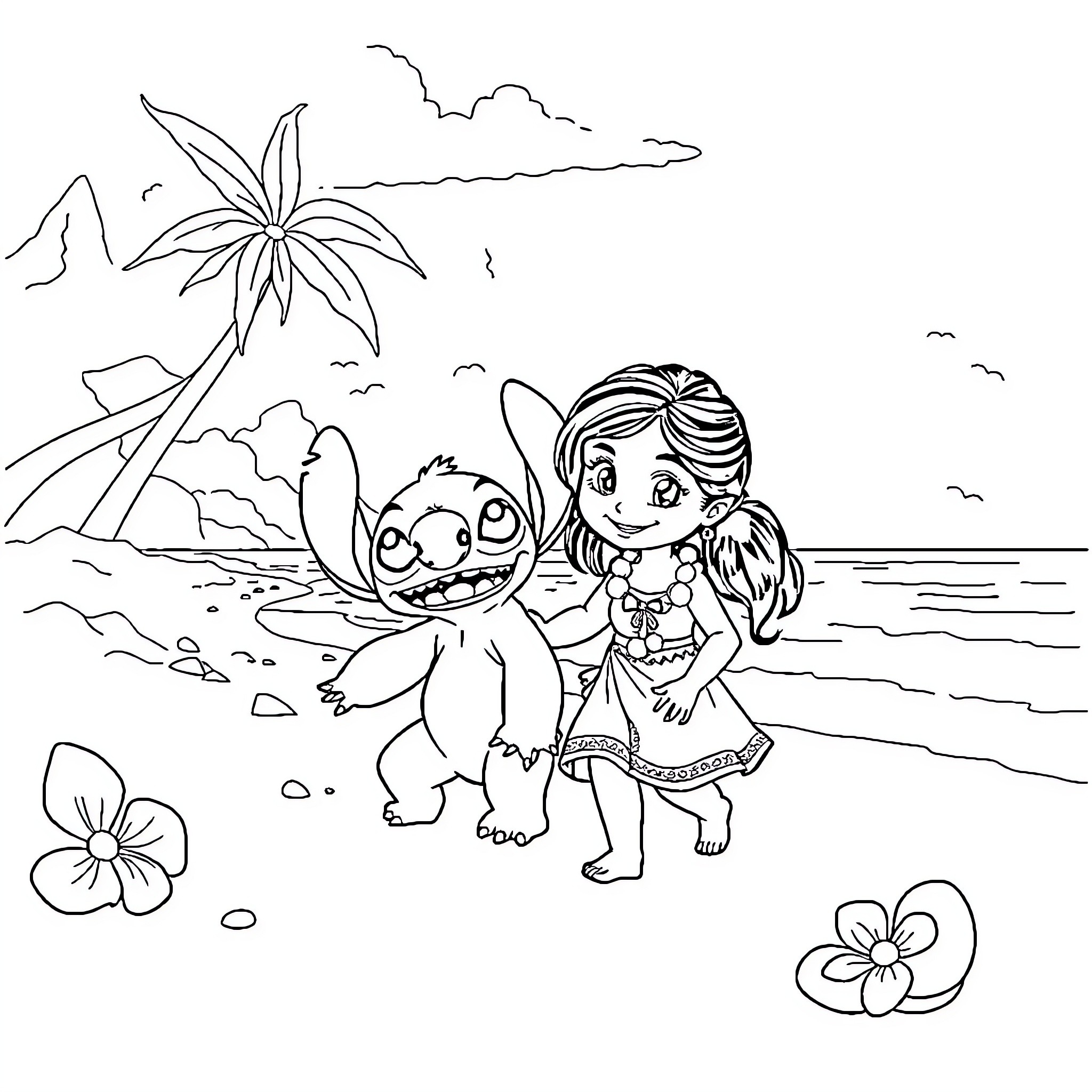 Lilo and Stitch enjoying a beach day Coloring Page (free black-and-white line drawing printable PDF for all, from beginners to advanced learners, including children, teens, adults, and seniors)