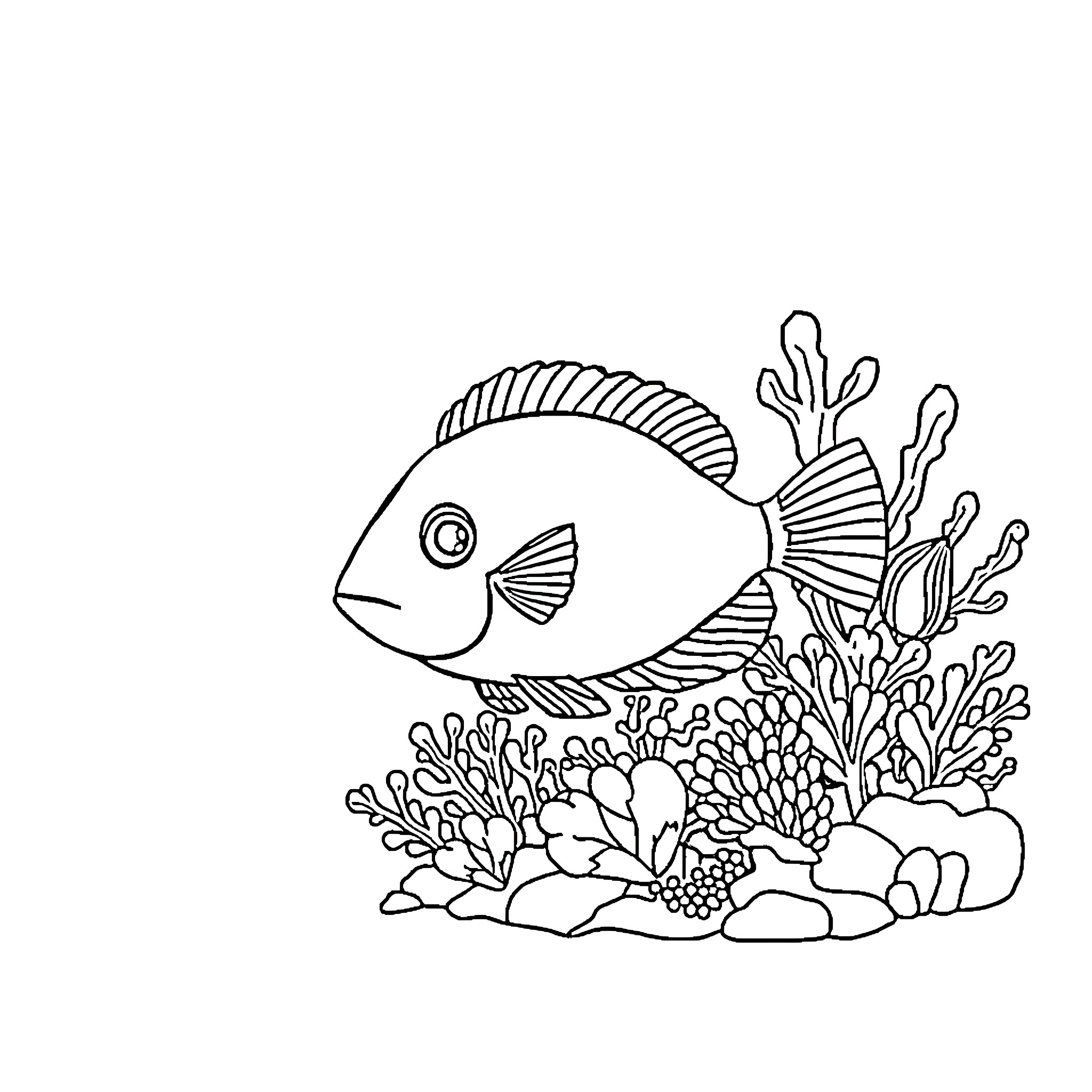Pufferfish swimming among vibrant coral reefs Coloring Page (free black-and-white line drawing printable PDF for all, from beginners to advanced learners, including children, teens, adults, and seniors)