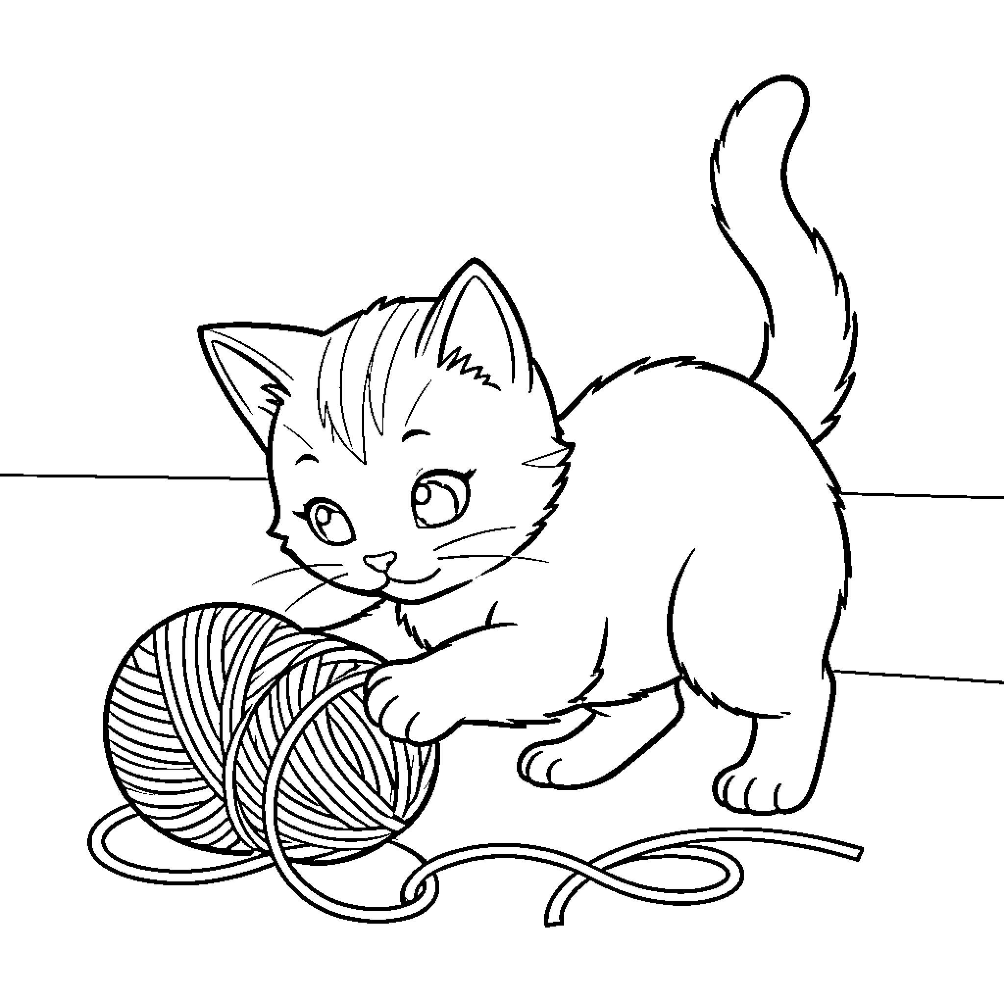 Gato playing with a ball of yarn Coloring Page (free black-and-white line drawing printable PDF for all, from beginners to advanced learners, including children, teens, adults, and seniors)