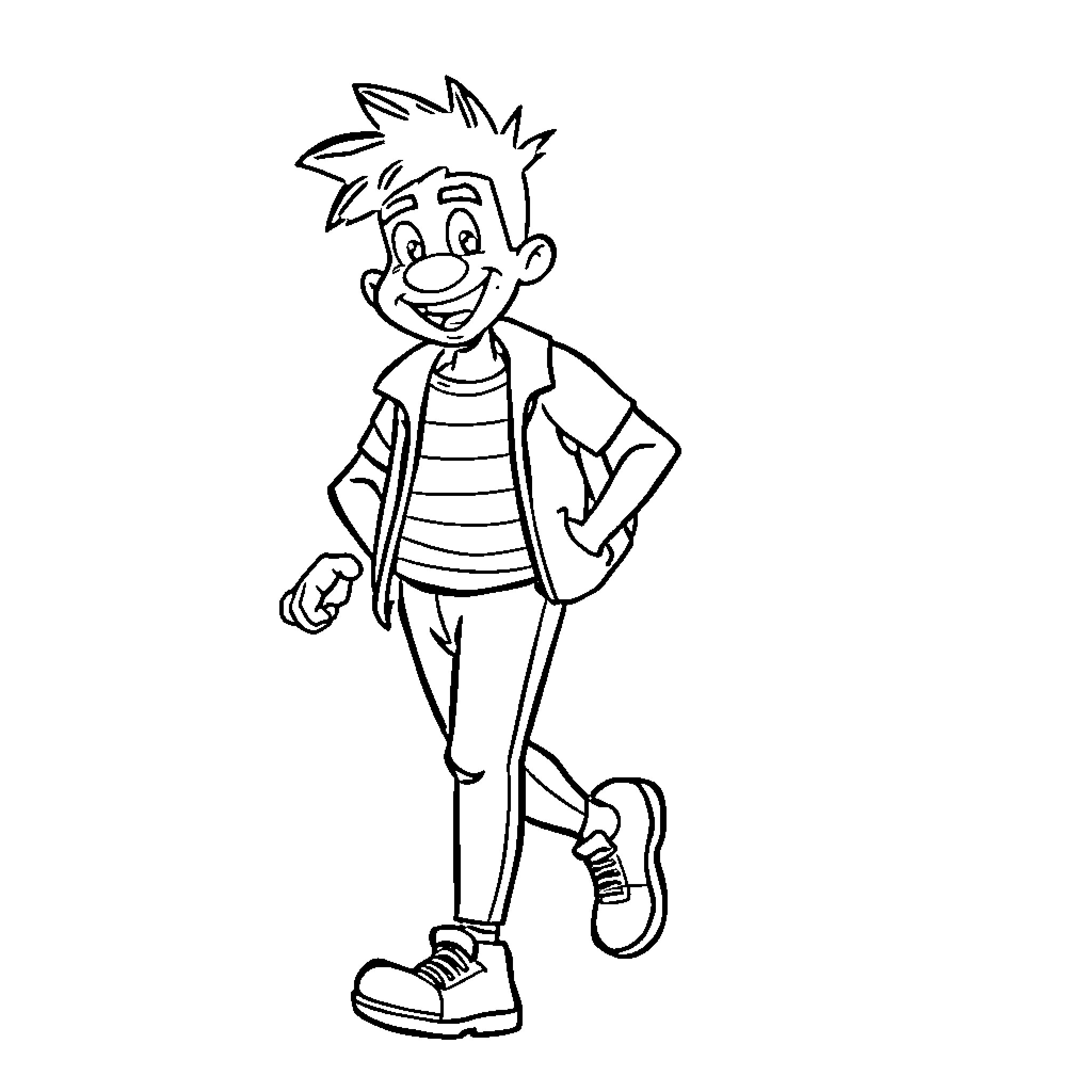 Ranfren Randall cheerfully standing with hands on hips Coloring Page (free black-and-white line drawing printable PDF for all, from beginners to advanced learners, including children, teens, adults, and seniors)