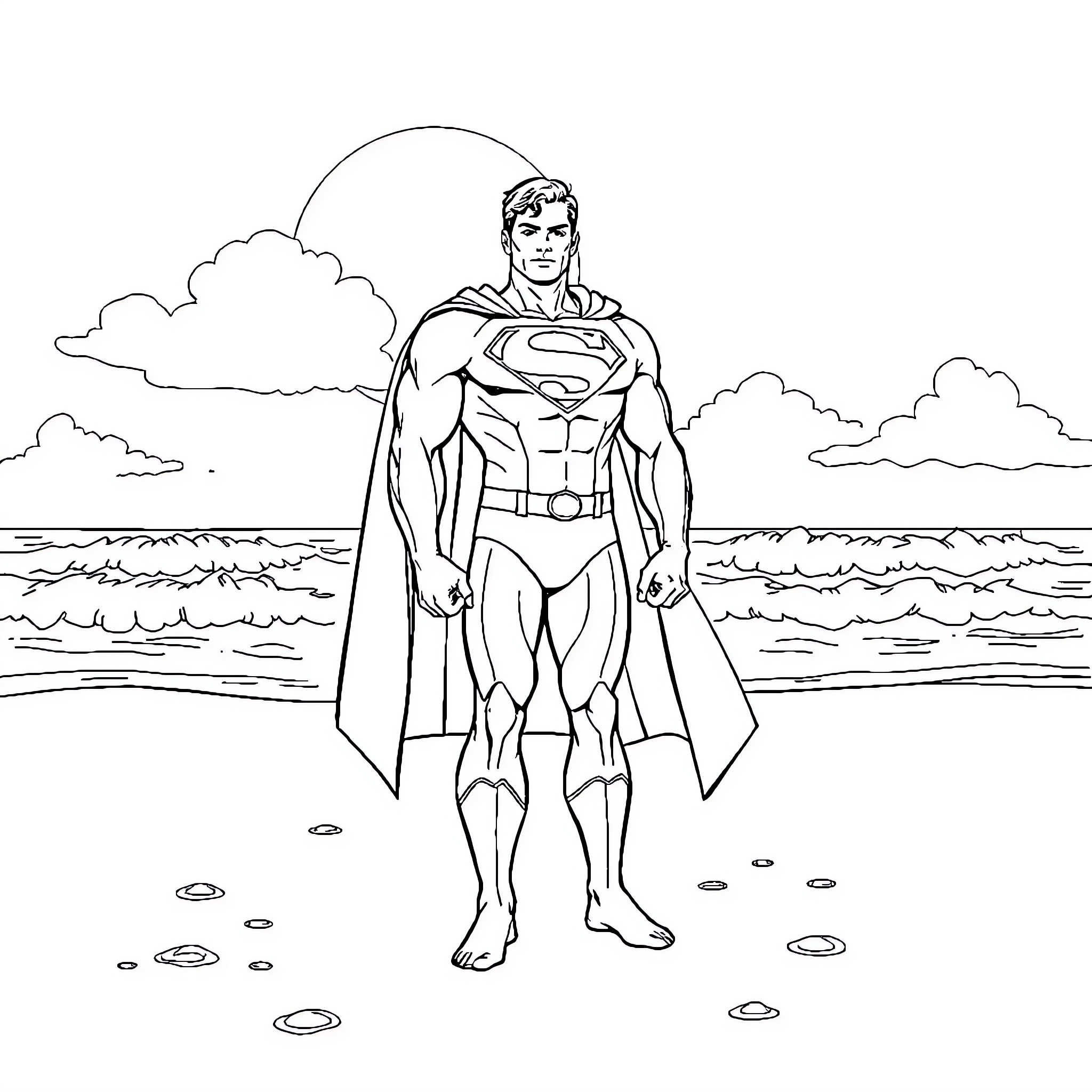 Superman standing heroically on the beach Coloring Page (free black-and-white line drawing printable PDF for all, from beginners to advanced learners, including children, teens, adults, and seniors)