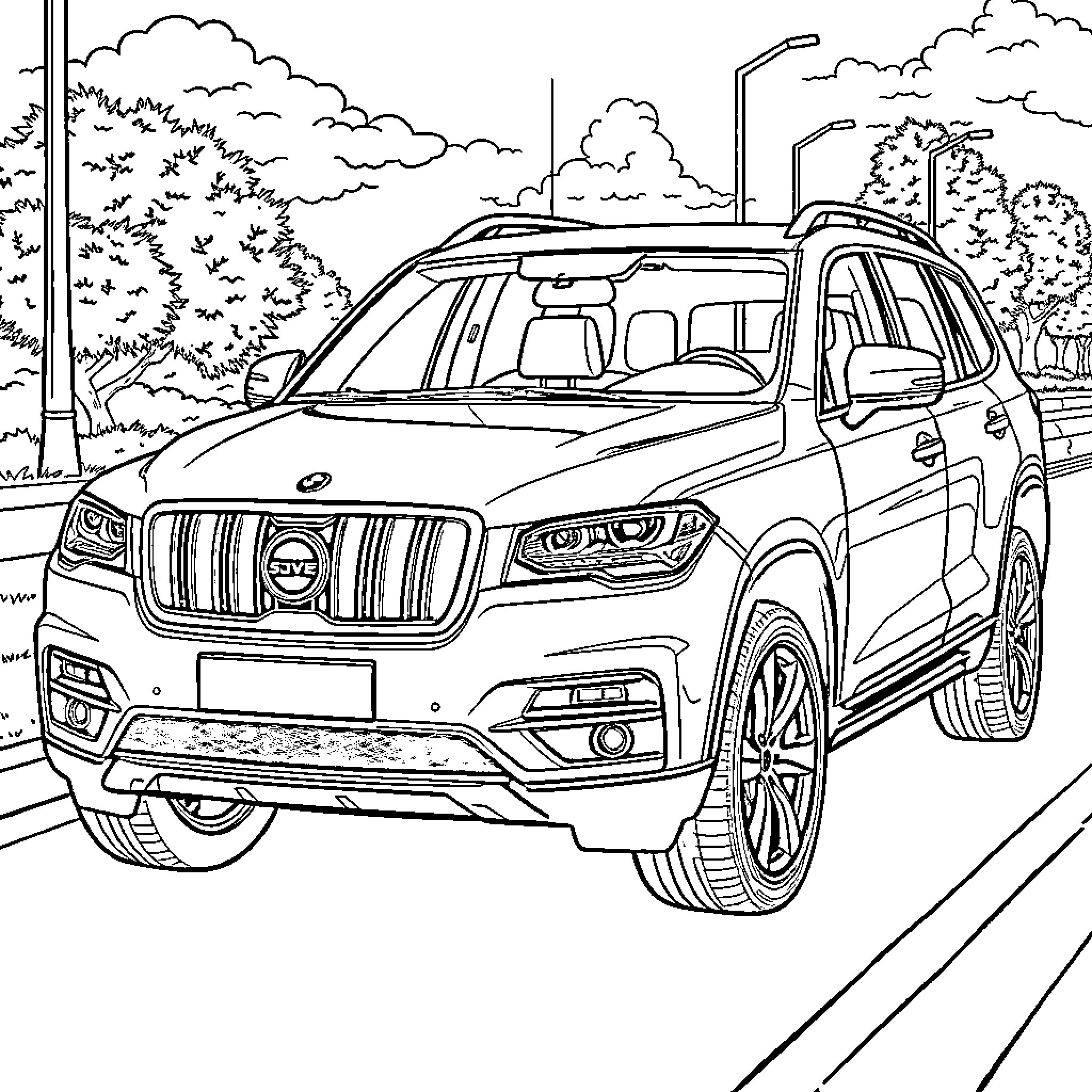 SUV parked on city street with trees Coloring Page (free black-and-white line drawing printable PDF for all, from beginners to advanced learners, including children, teens, adults, and seniors)