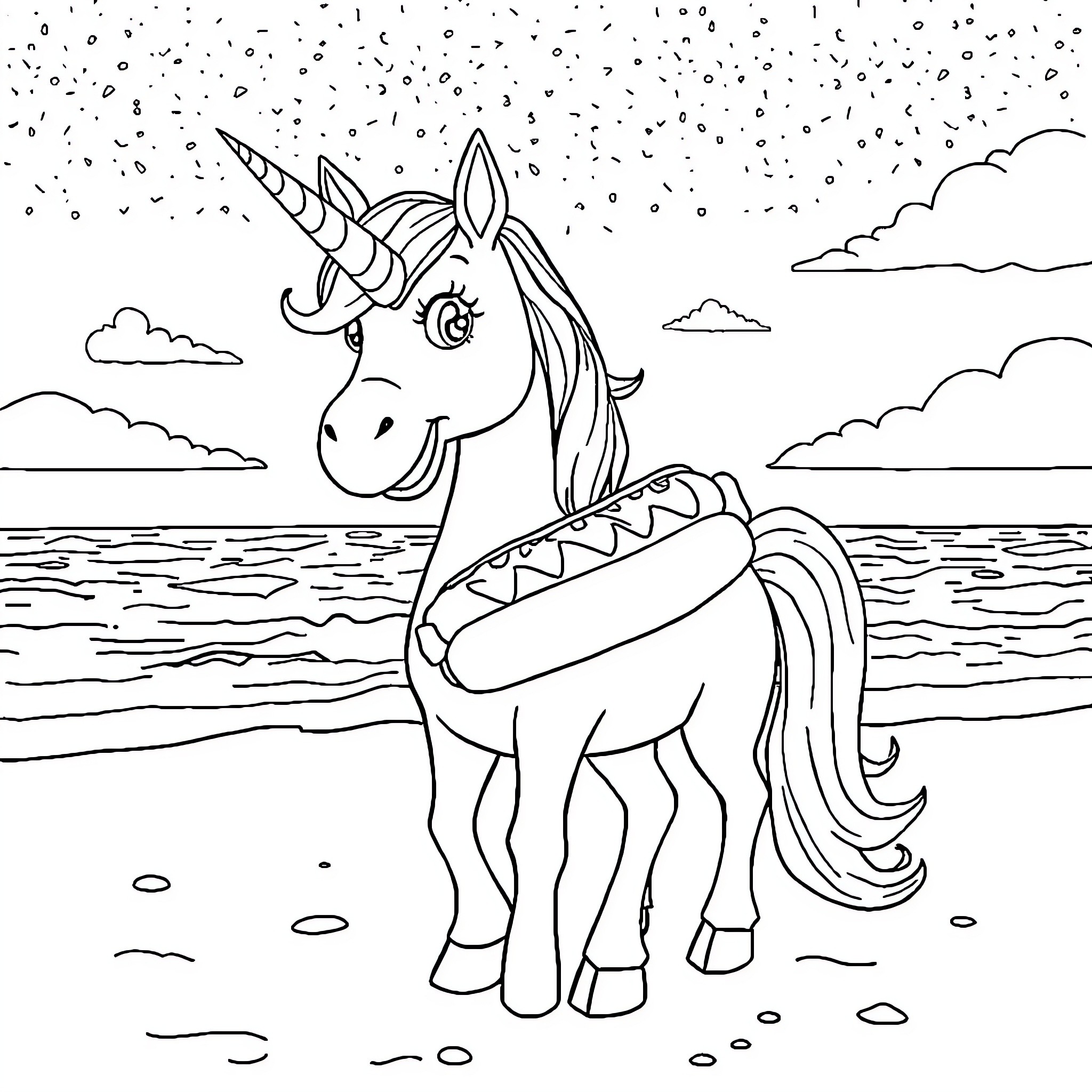 Unicorn enjoying a snowy day by the sea Coloring Page (free black-and-white line drawing printable PDF for all, from beginners to advanced learners, including children, teens, adults, and seniors)