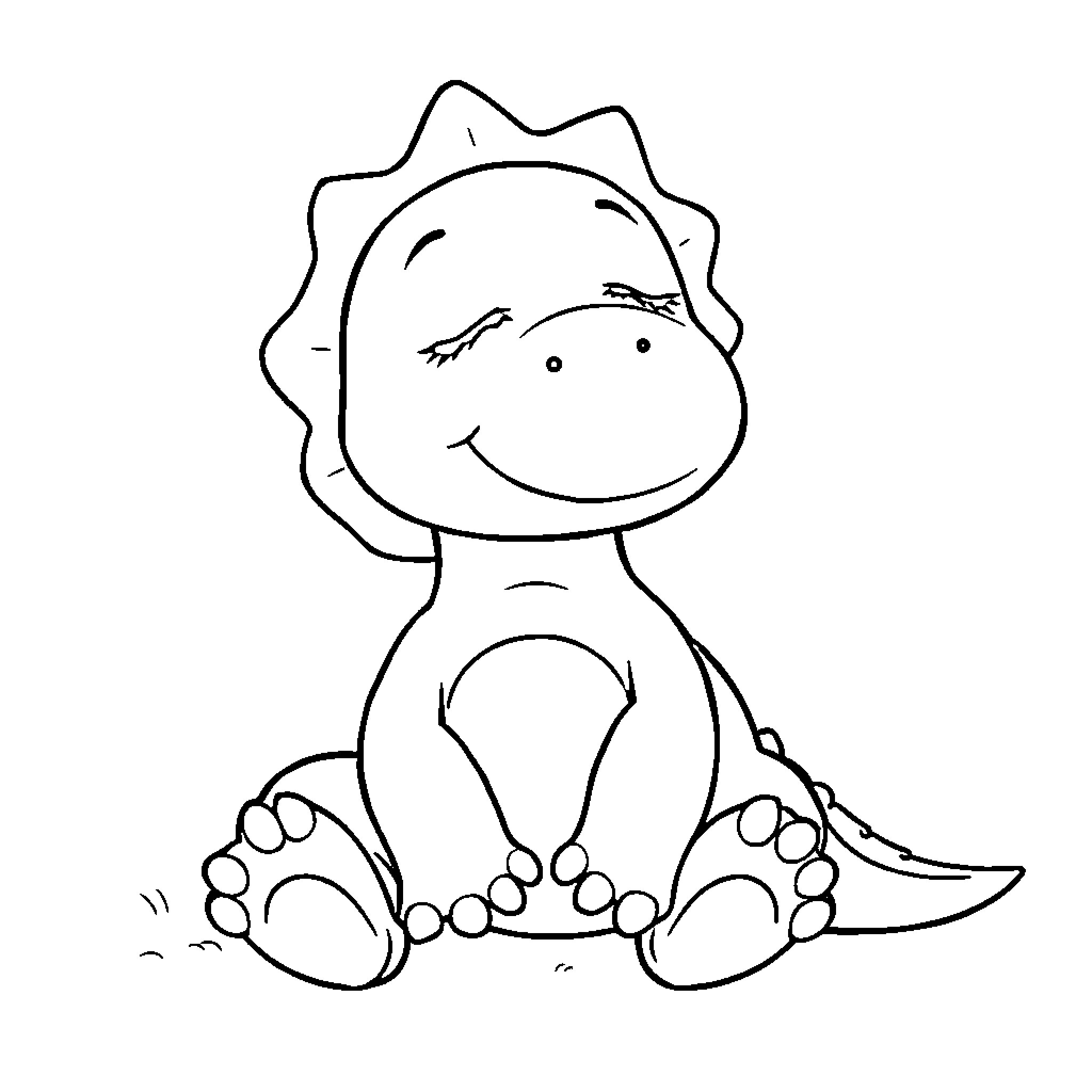 Dinosaur sitting and smiling happily Coloring Page (free black-and-white line drawing printable PDF for all, from beginners to advanced learners, including children, teens, adults, and seniors)