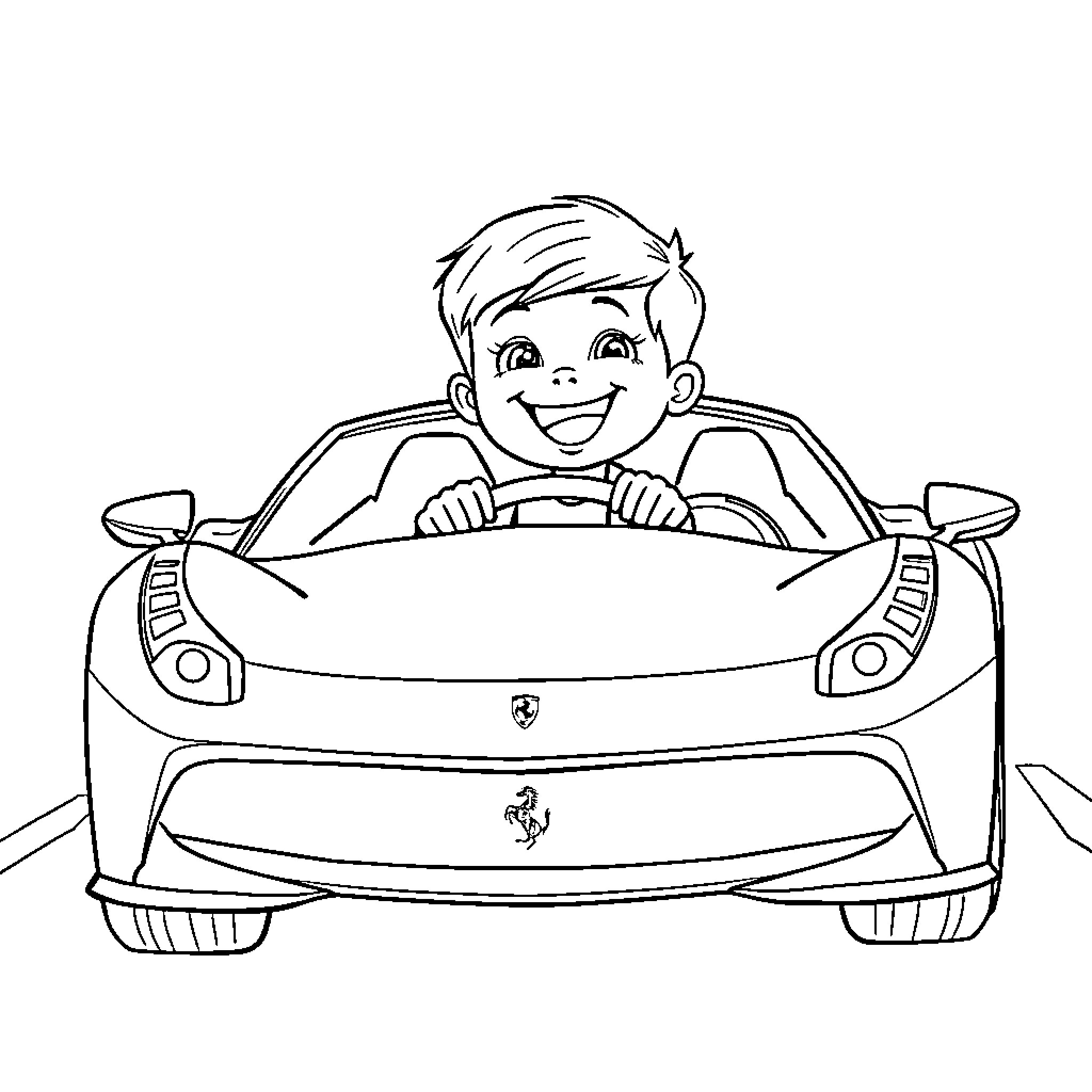 Boy driving a sports car happily Coloring Page (free black-and-white line drawing printable PDF for all, from beginners to advanced learners, including children, teens, adults, and seniors)
