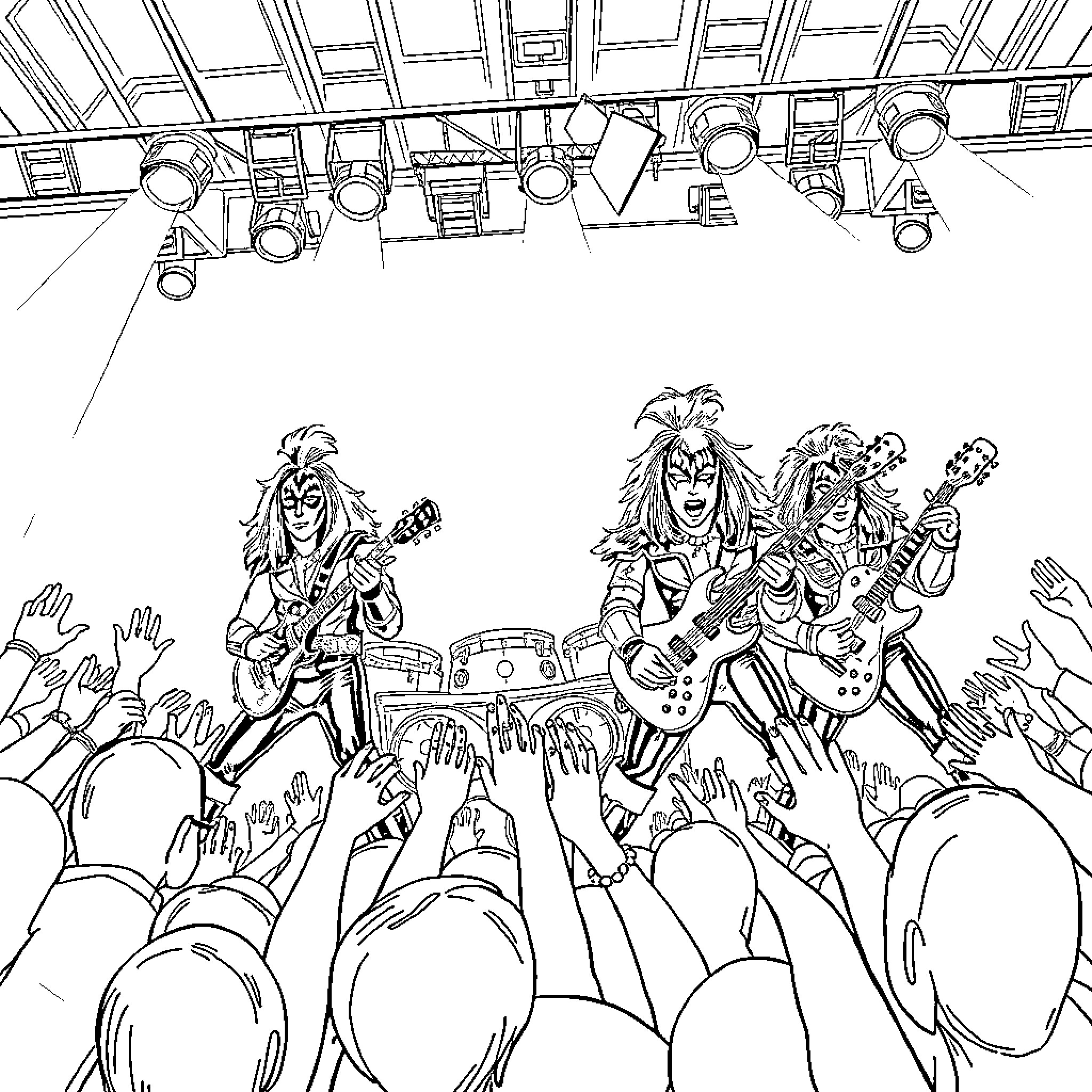 Kiss of Rock Performers on Stage Coloring Page (free black-and-white line drawing printable PDF for all, from beginners to advanced learners, including children, teens, adults, and seniors)