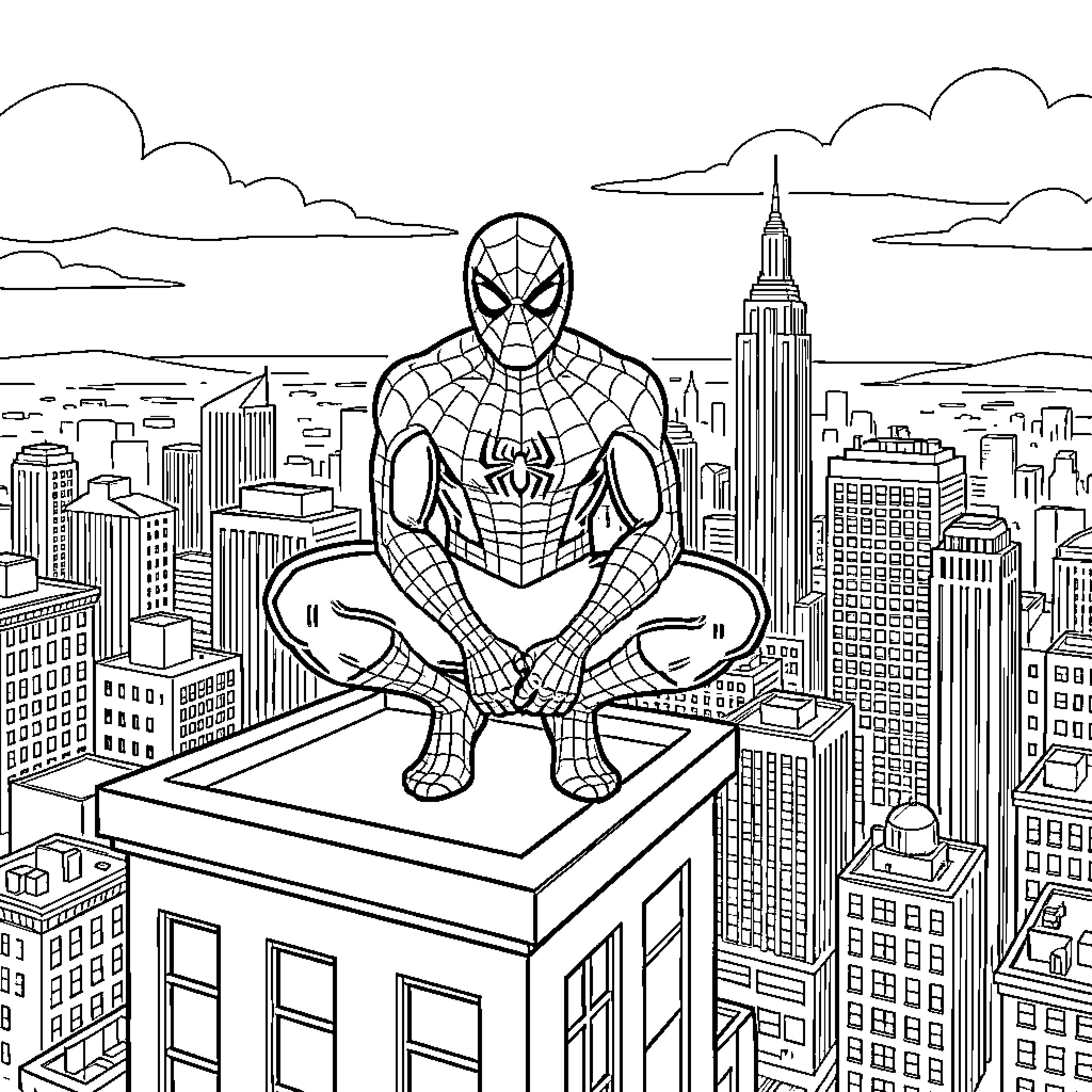 Spiderman sitting in a meditative pose atop a skyscraper Coloring Page (free black-and-white line drawing printable PDF for all, from beginners to advanced learners, including children, teens, adults, and seniors)